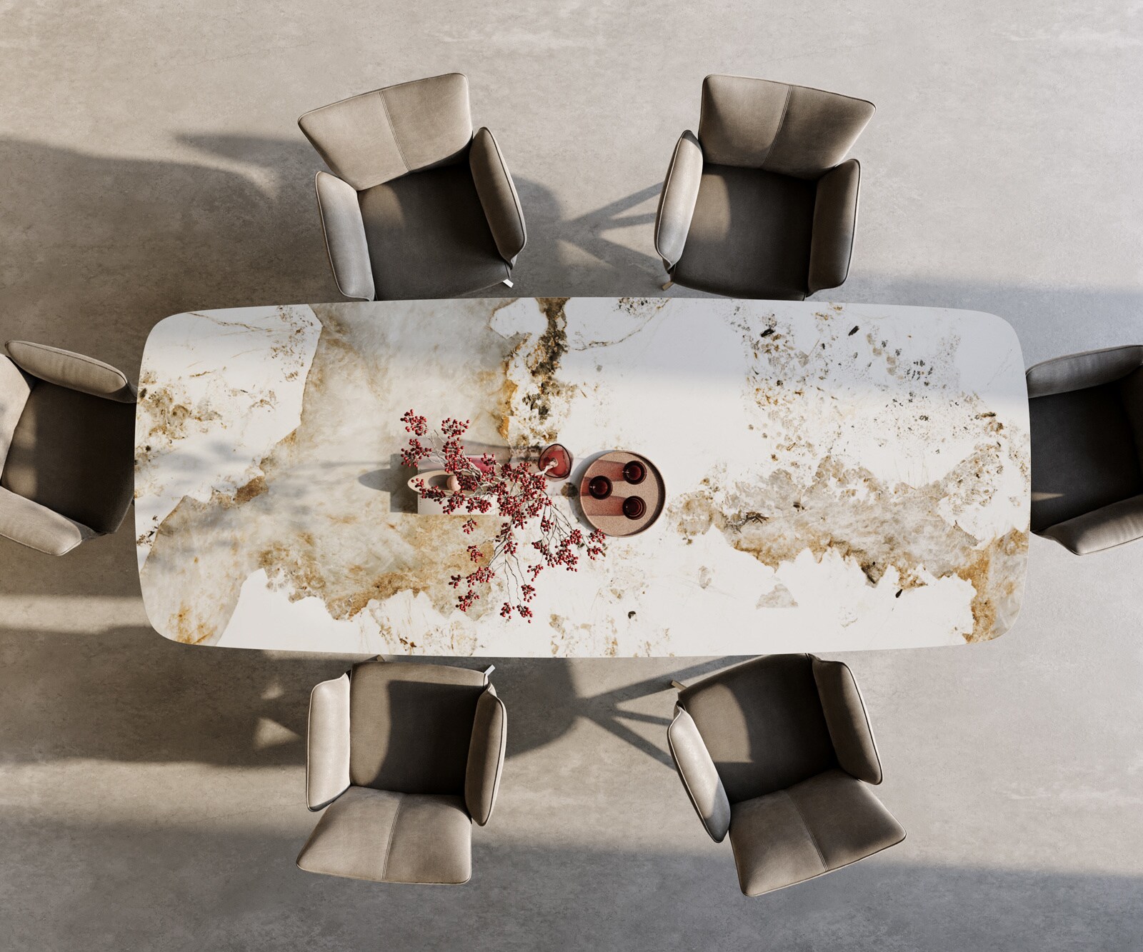 Esstisch Edge Boot 300x120 cm Keramik Minas Melange Weiß-Beige Kreuzgestell Rechteck Edelstahl Graphit 3