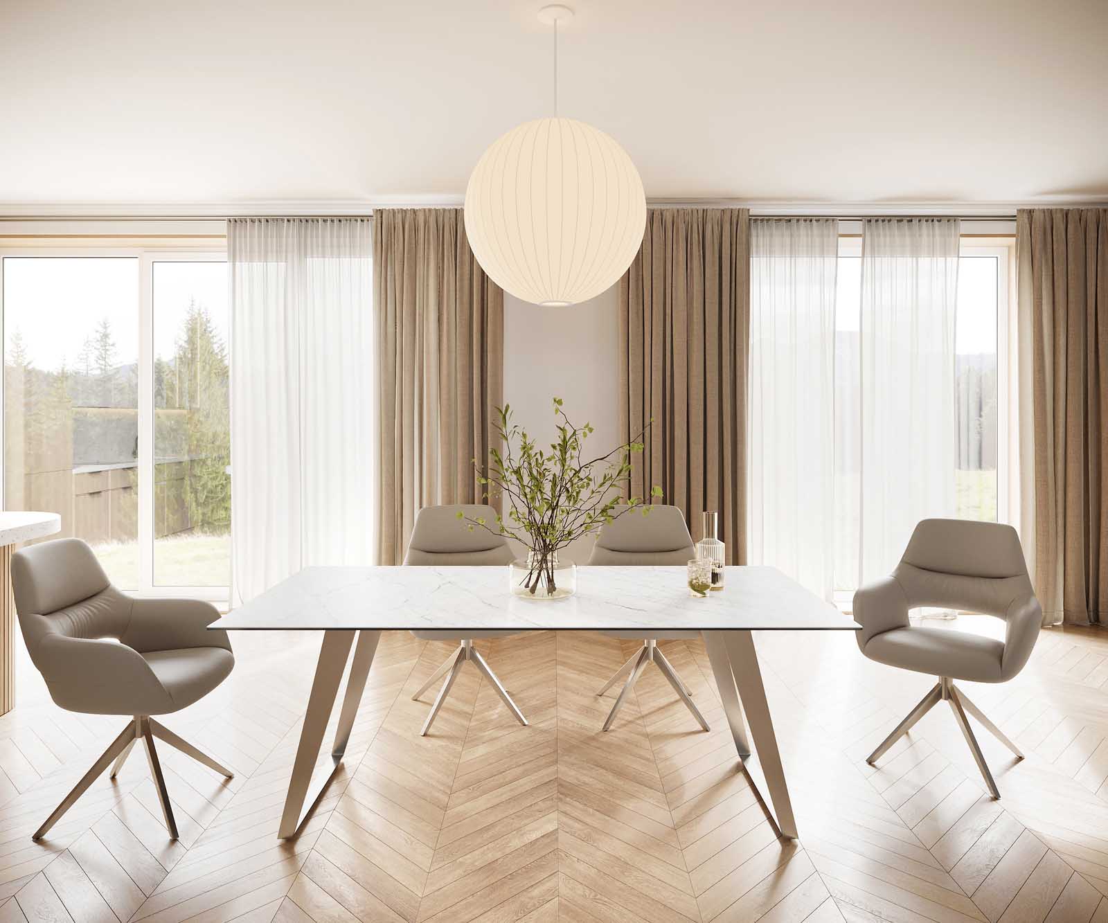 Esszimmertisch Edge Keramik Laminam® Statuarietto Weiß 200x100 Edelstahl Schräg
