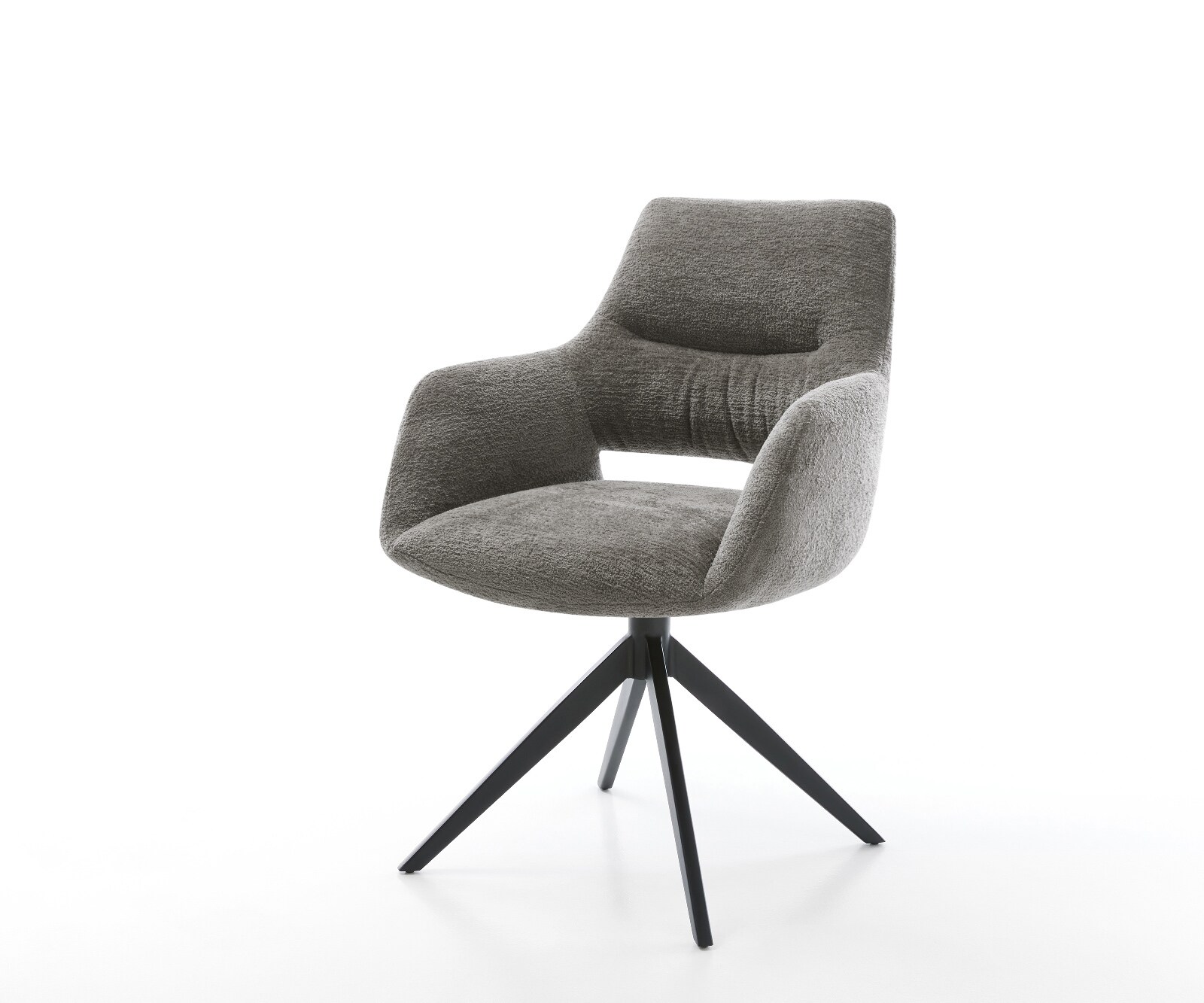 Chaise-pivotante Yago-Flex avec accoudoirs bouclé doux couleur boue pied croisé large noir pivotement sur 360° fonction bascule resorts ensachés