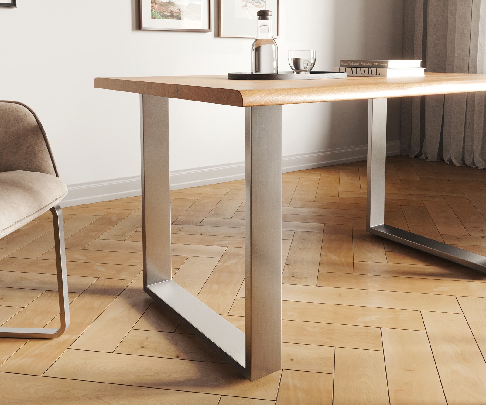 Esstisch Edge 140x90 Akazie Natur Edelstahl Schmal Live-Edge 4