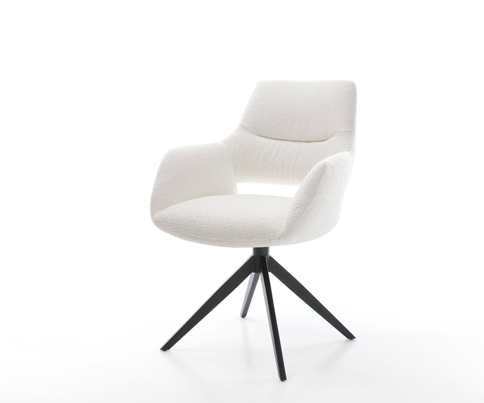 Chaise-pivotante Yago-Flex avec accoudoirs bouclé crème-blanc pied croisé large noir pivotement sur 360° fonction bascule ressorts ensachés