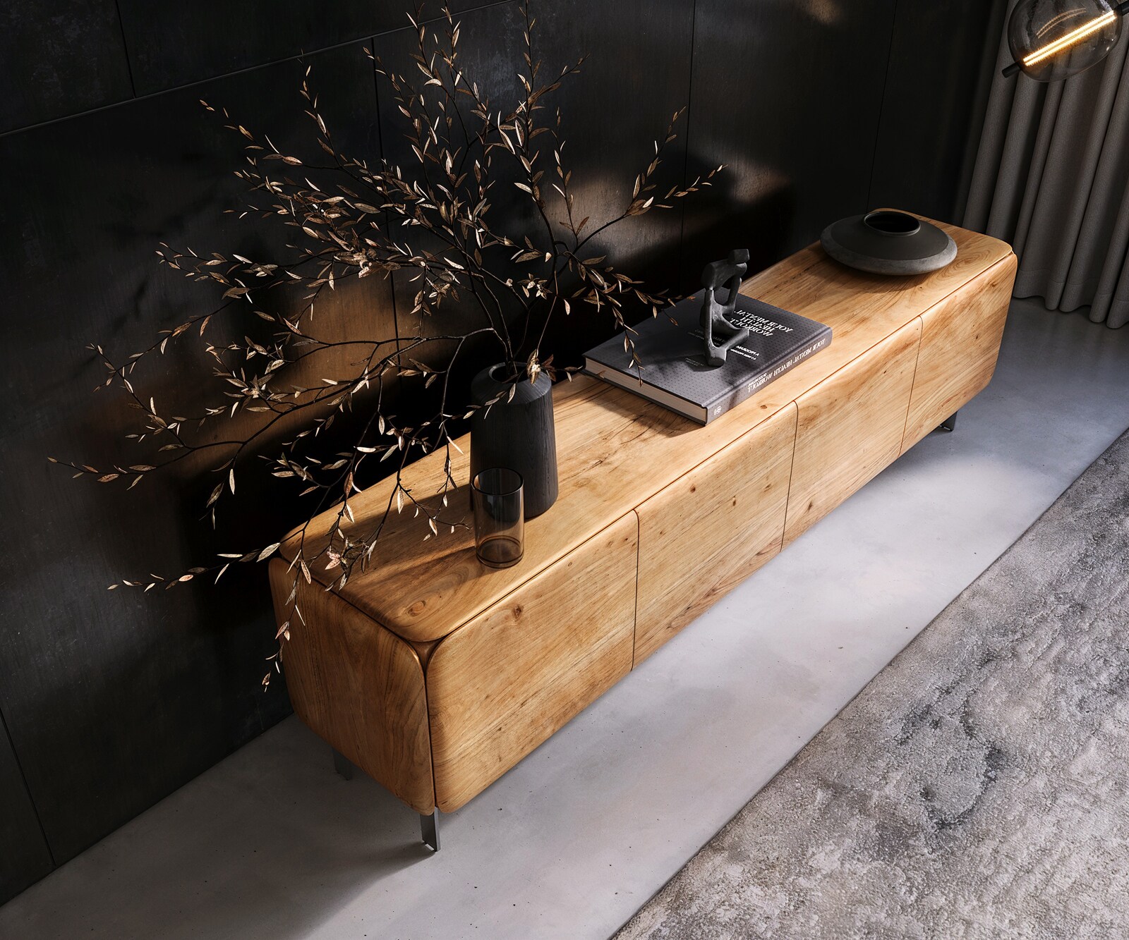 Lowboard Shavani 200 cm Akazie Natur 4 Türen L-Fuß Edelstahl Silber 3