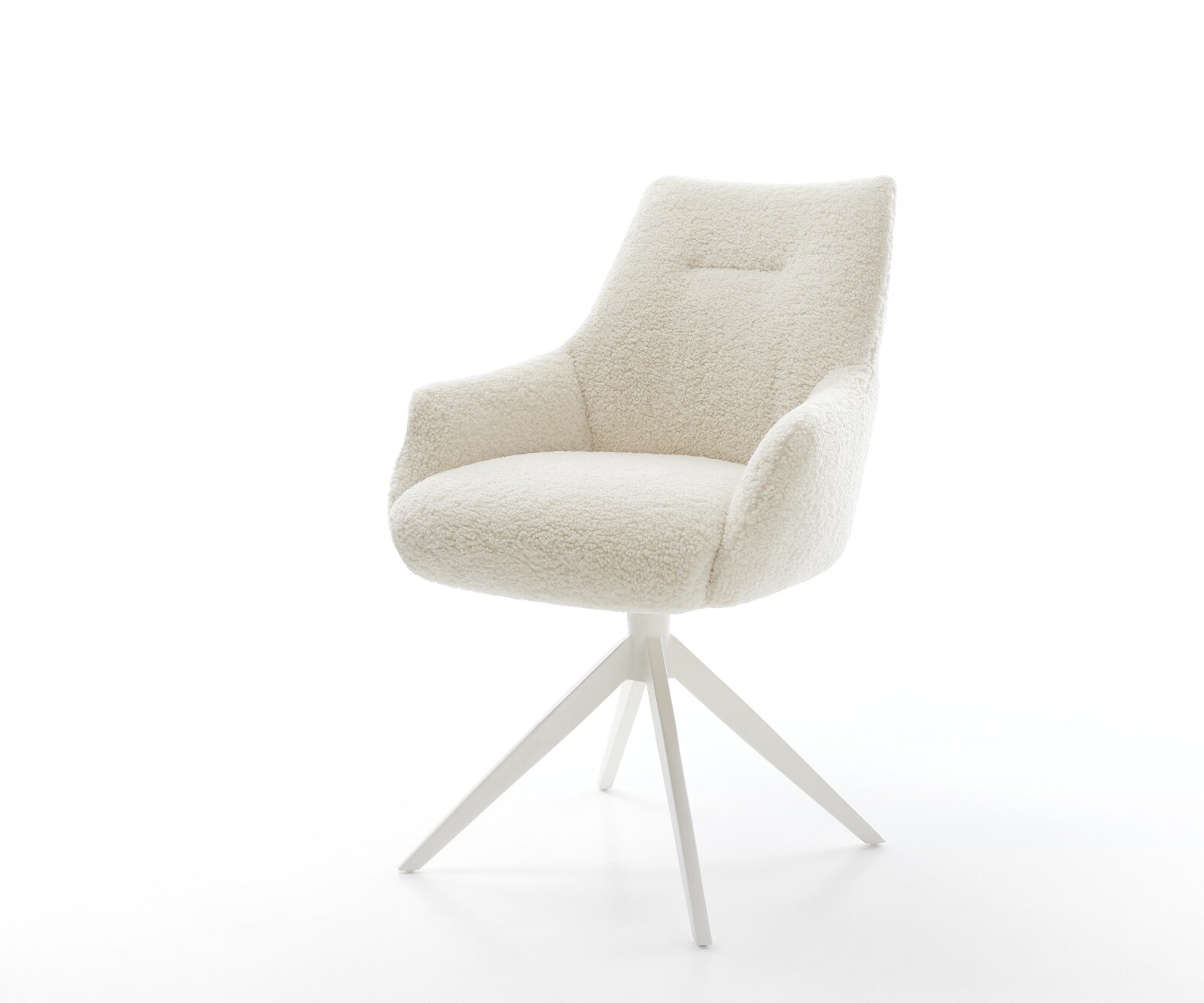 Drehstuhl Alja-Flex mit Armlehnen Teddystoff Beige Kreuzgestell breit Weiß 360° drehbar Wippfunktion Taschenfederkern 1