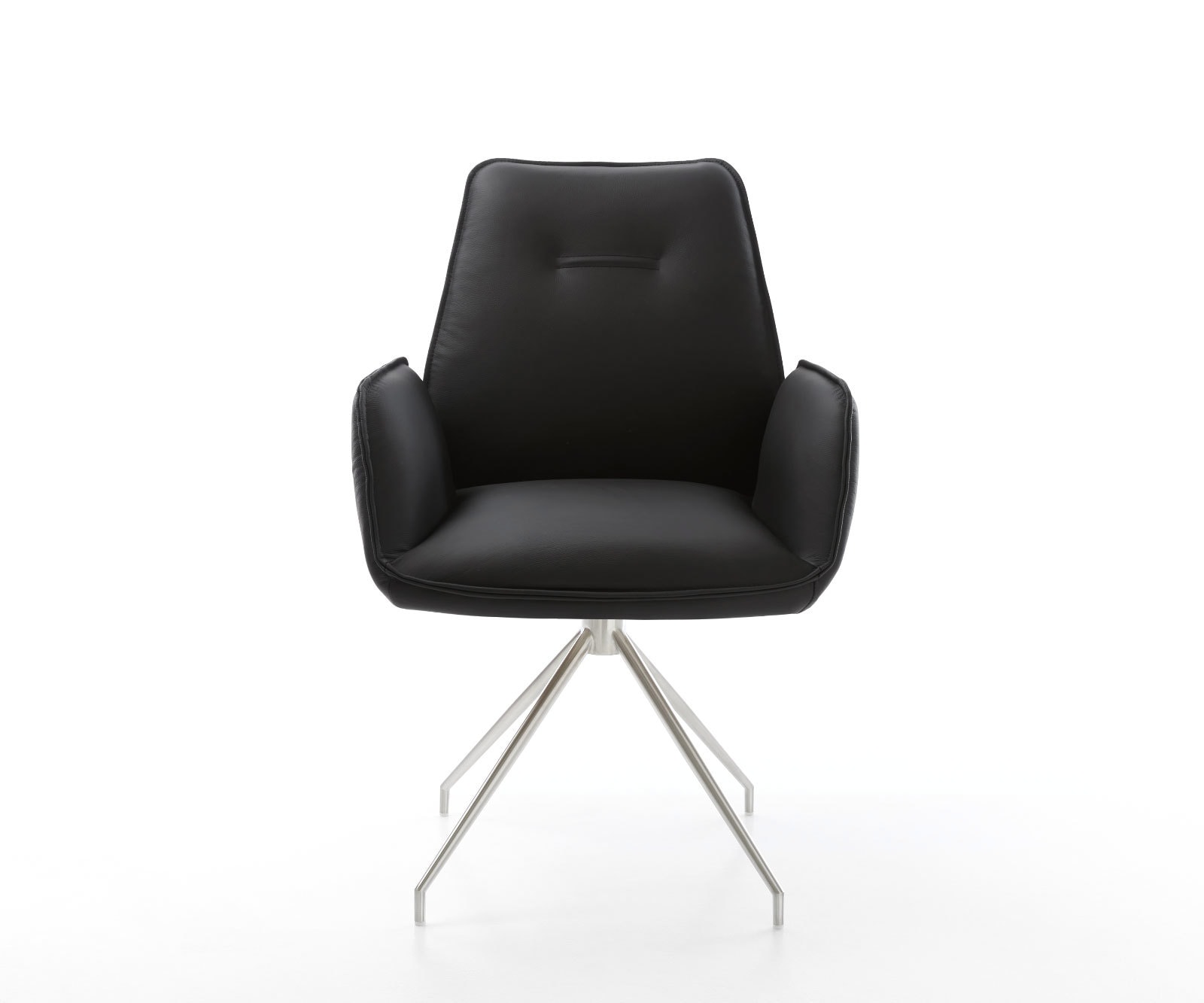 Chaise-de-salle-à-manger Zoa-Flex cuir de vache noir pied croisé conique acier inoxydable brossé ressorts ensachés 2