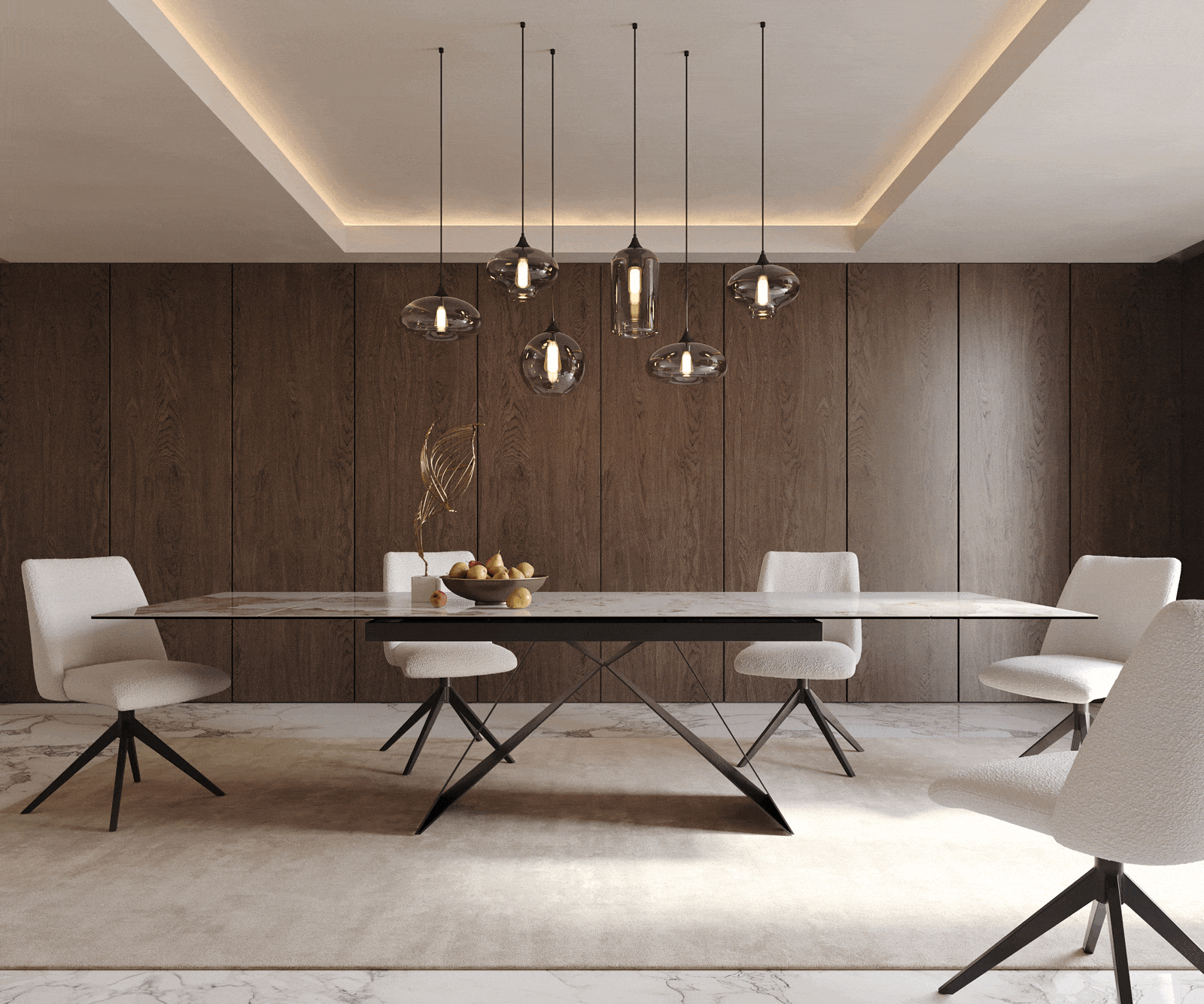 Table à manger Edge 200-300x100 céramique Minas mélange blanc-beige cadre en V acier plat noir extensible 2