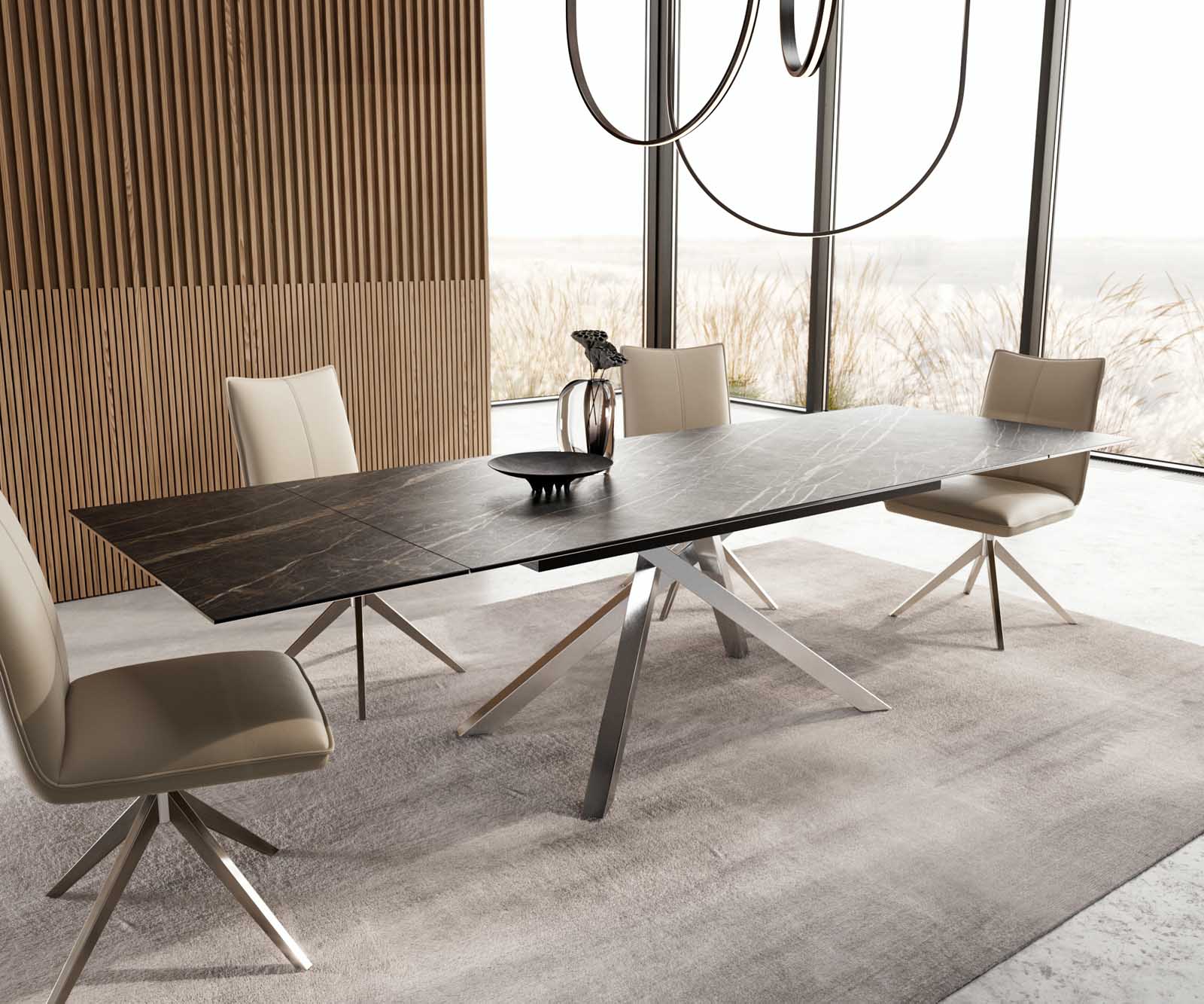 Table à manger Edge 200-300x100 céramique Laminam®Noir Desir marron cadre croisé rectangulaire acier inoxydable extensible 7
