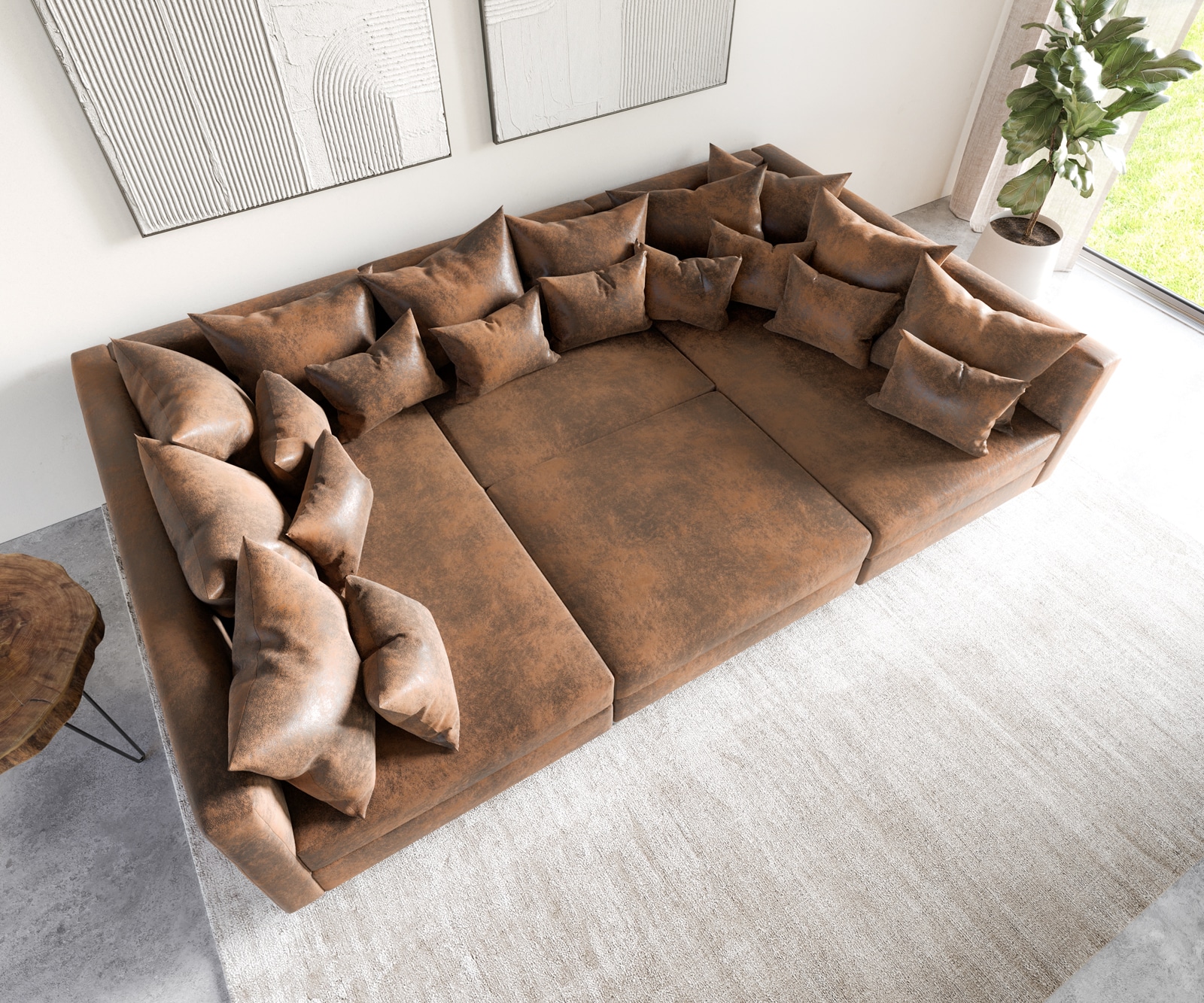 Couch Clovis Braun Vintage Optik mit Hocker Wohnlandschaft Modulsofa