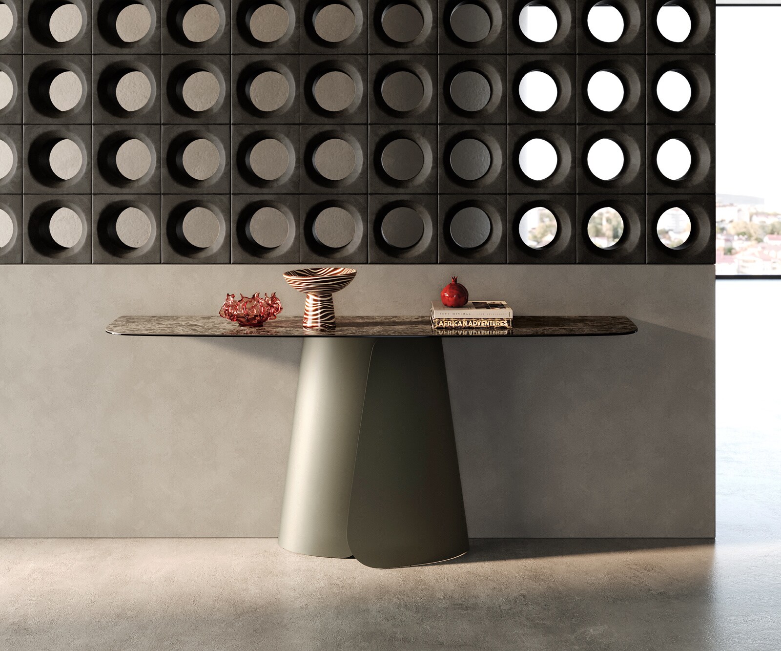 Console Edge forme bateau 180x40 cm Céramique Emperador Extra Lucidato Dunkelbraun Livos Métal Effektfinish Titan 3