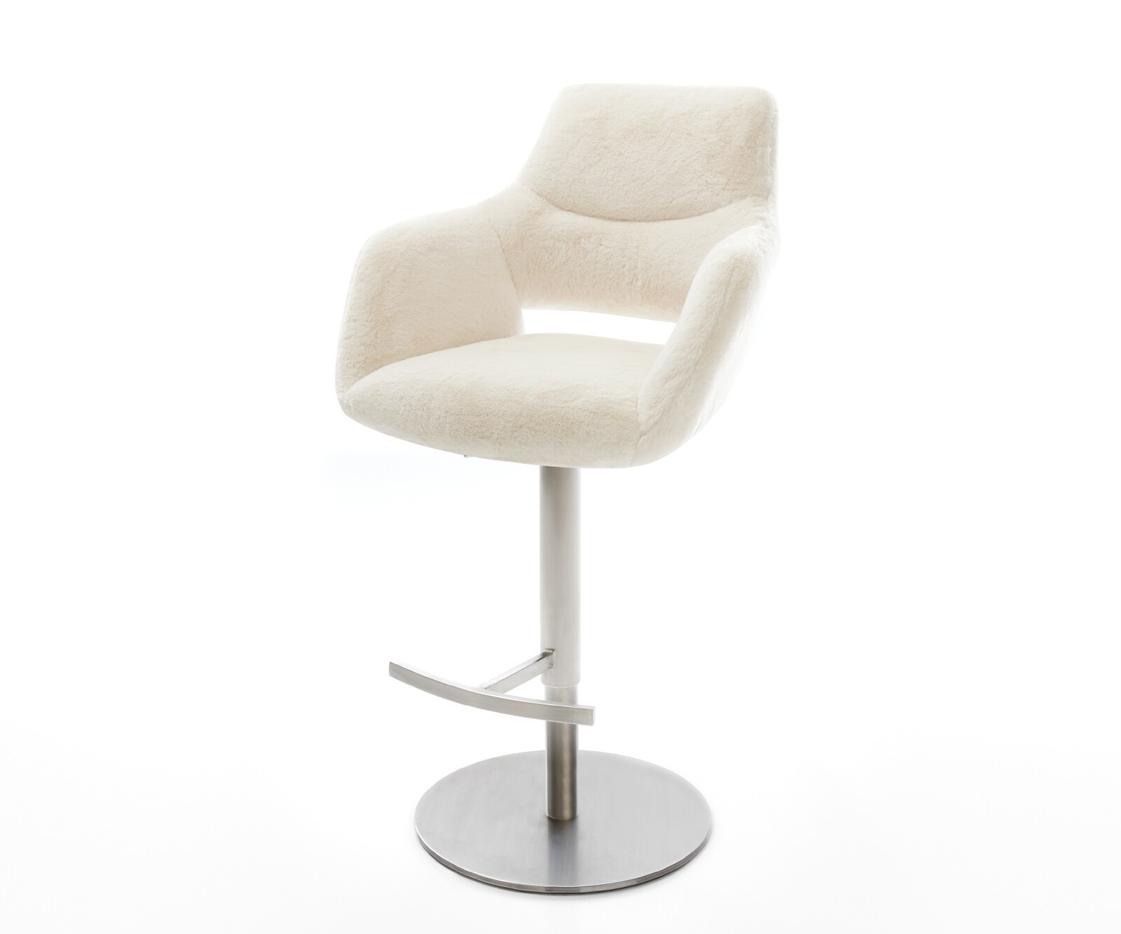 Chaise-de-bar Yago-Flex Peluche Crème-blanc Pied pivotant réglable en hauteur en acier inoxydable Argent Ressort ensaché 1