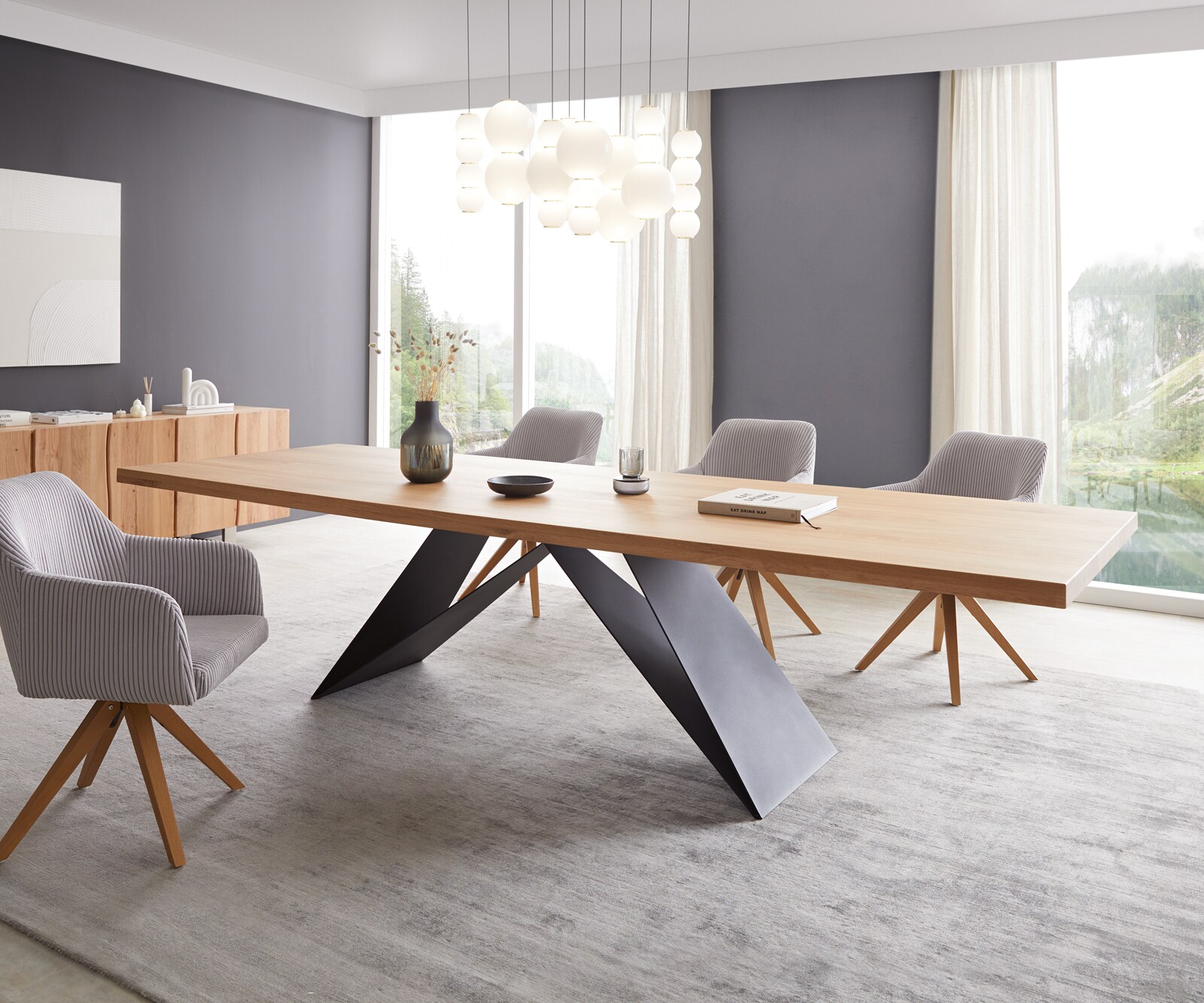 Table à manger Edge 300x100 chêne nature cadre en V acier plat noir 2