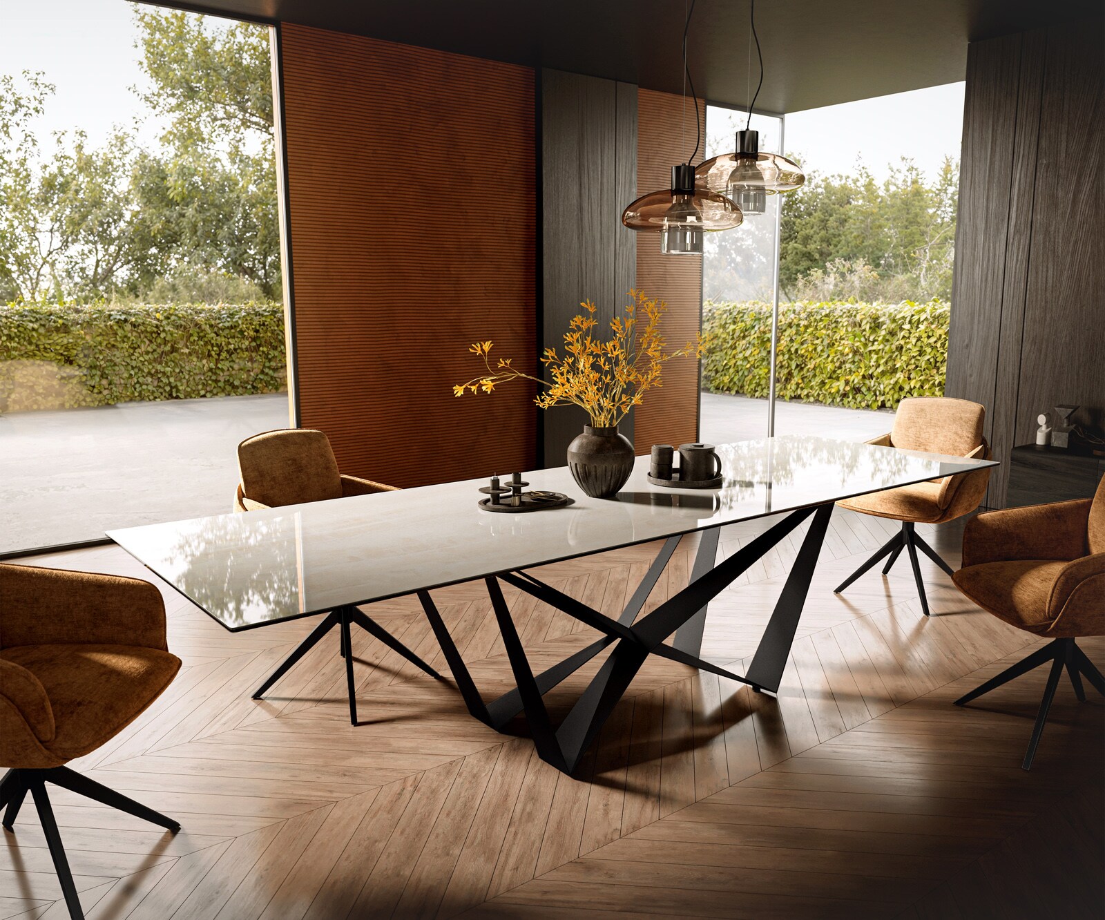 Table à manger Edge 300x100 cm céramique Onyx Champagne Spider acier plat noir 1
