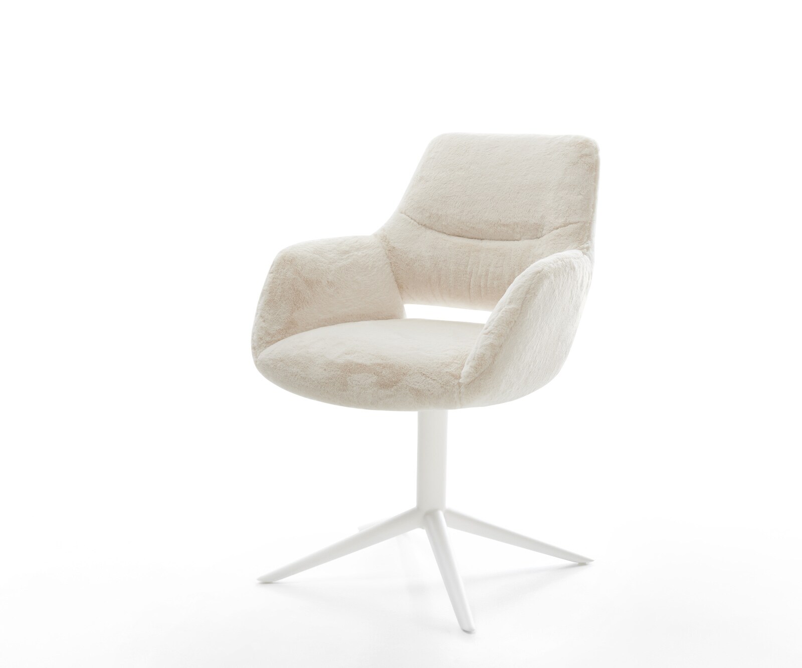 Chaise-pivotante Yago-Flex avec accoudoirs peluche crème-blanc pied de chaise 4 branches blanc pivotement sur 360° fonction bascule resorts ensachés