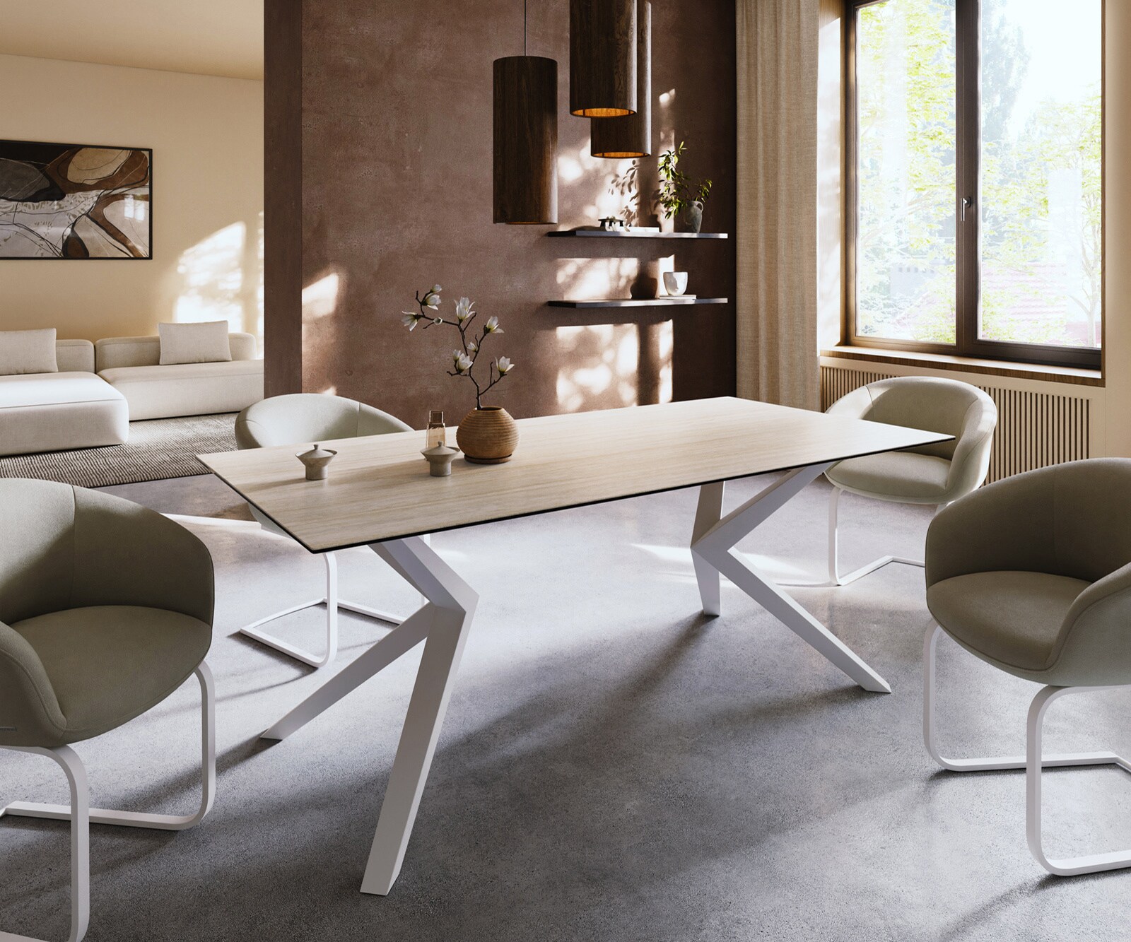 Table à manger Edge 200x100 céramique Laminam® Travertino Bianco crème-blanc Zenthara Angulaire métal blanc 1