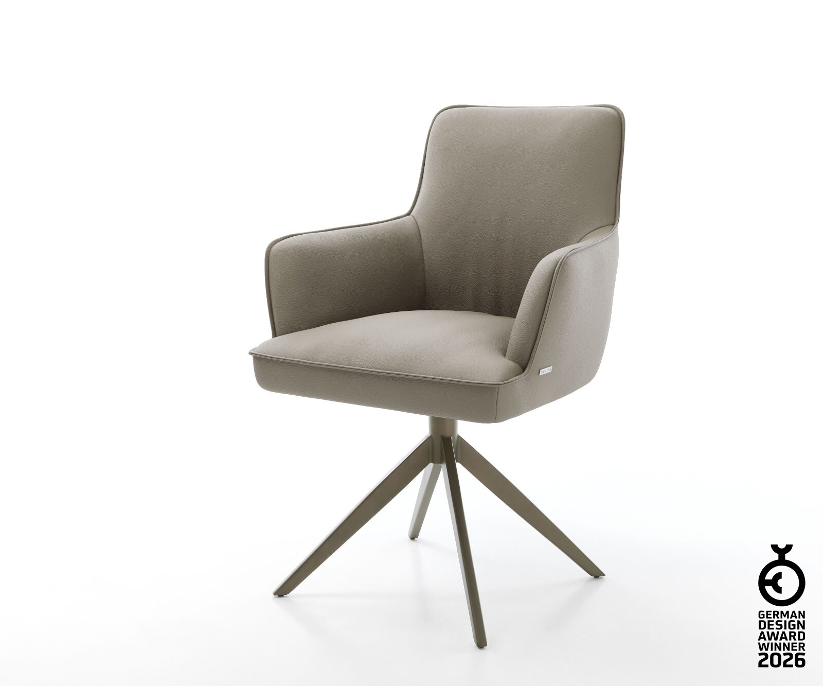 Chaise-pivotante Heira-Flex avec accoudoirs cuir de vache couleur boue pied croisé large acier inoxydable ressorts ensachés pivote sur 360° 5