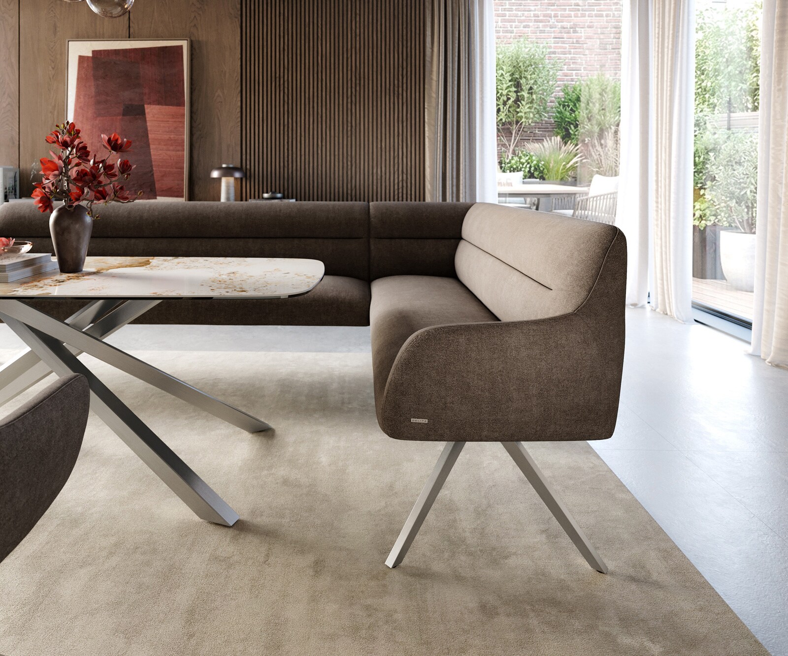 Esszimmerbank Taya-Flex 285x190 cm Strukturstoff Soft Taupe Kreuzgestell kantig Edelstahl Taschenfederkern Links 4