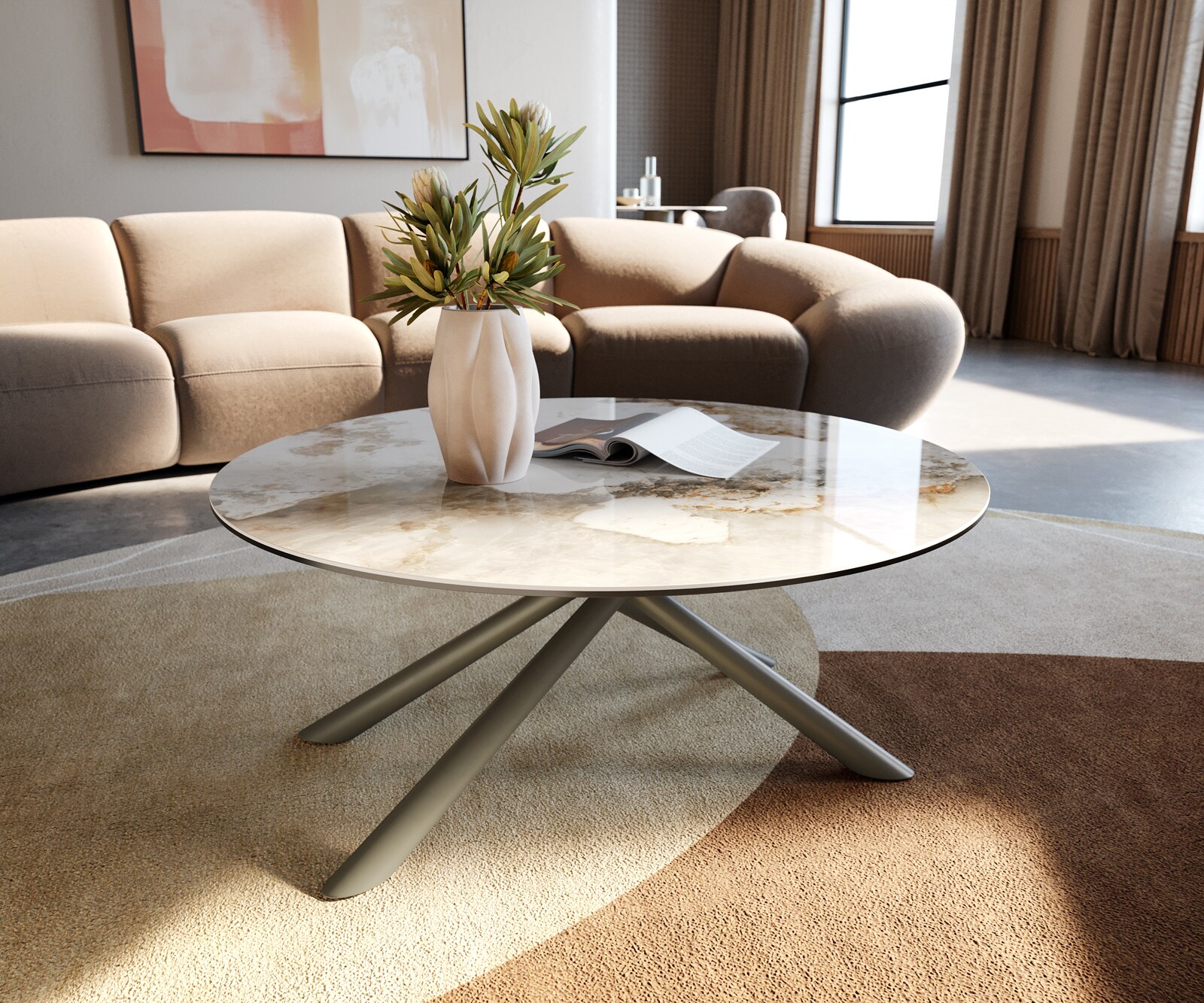 Table basse Edge rond 90x90 cm céramique Minas Melange Sarity Metall finition effet titane 1