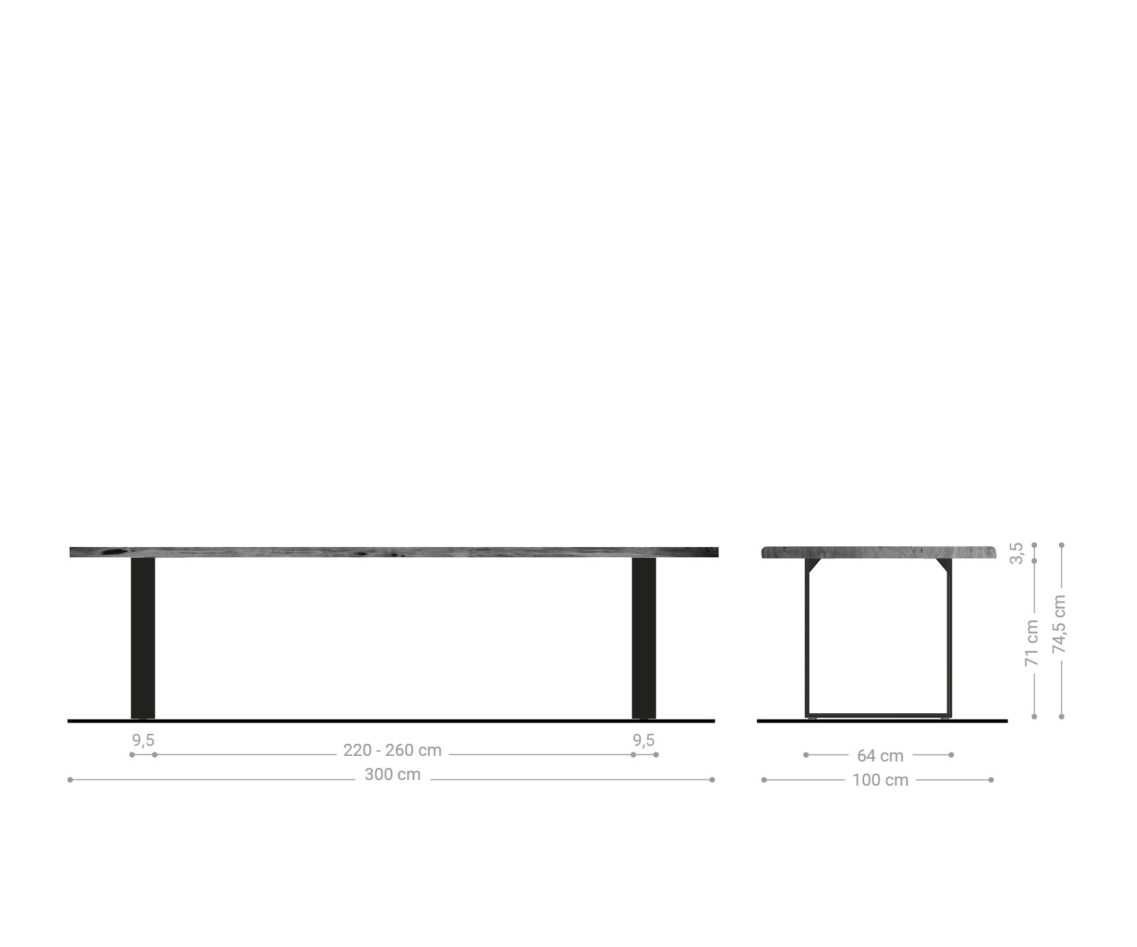 Esstisch Edge 300x100 Akazie Braun Edelstahl Schmal Live-Edge 5