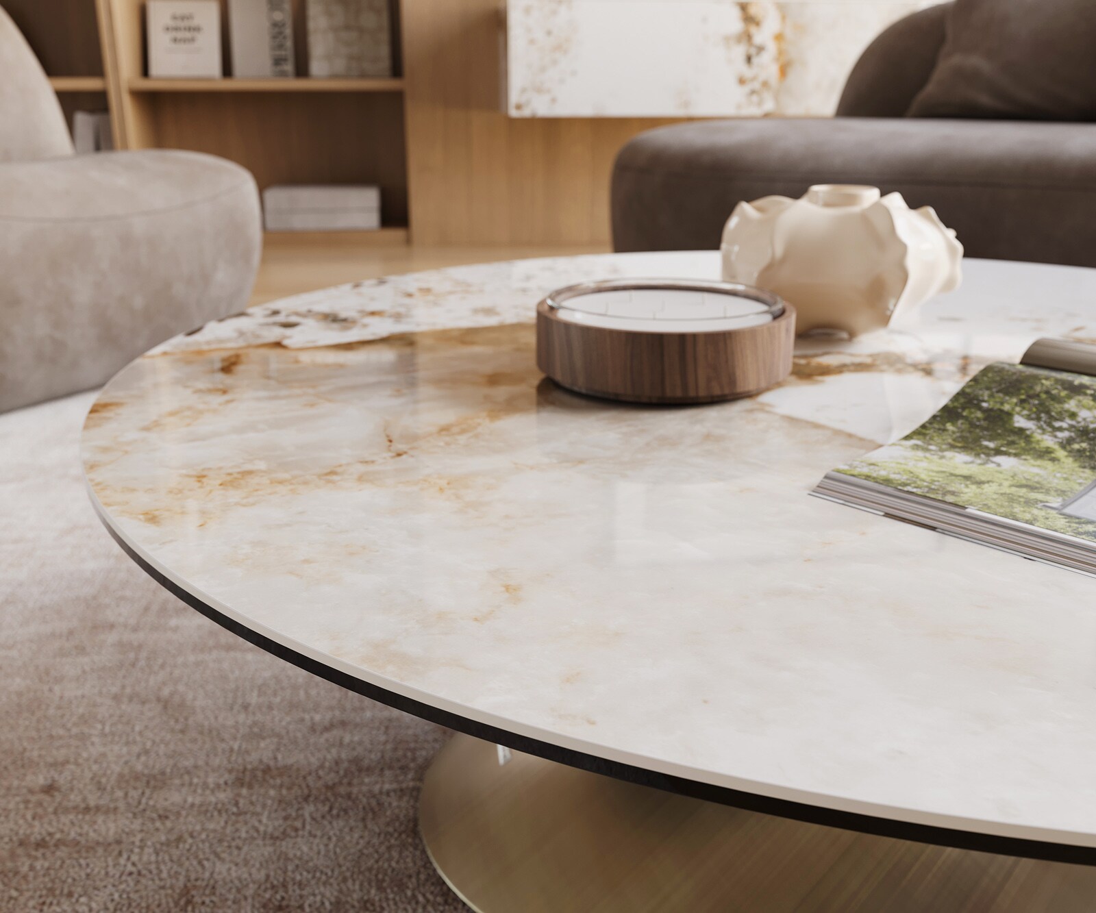 Couchtisch Edge Rund 100x100 cm Keramik Minas Melange Conis Metallic Gold 6