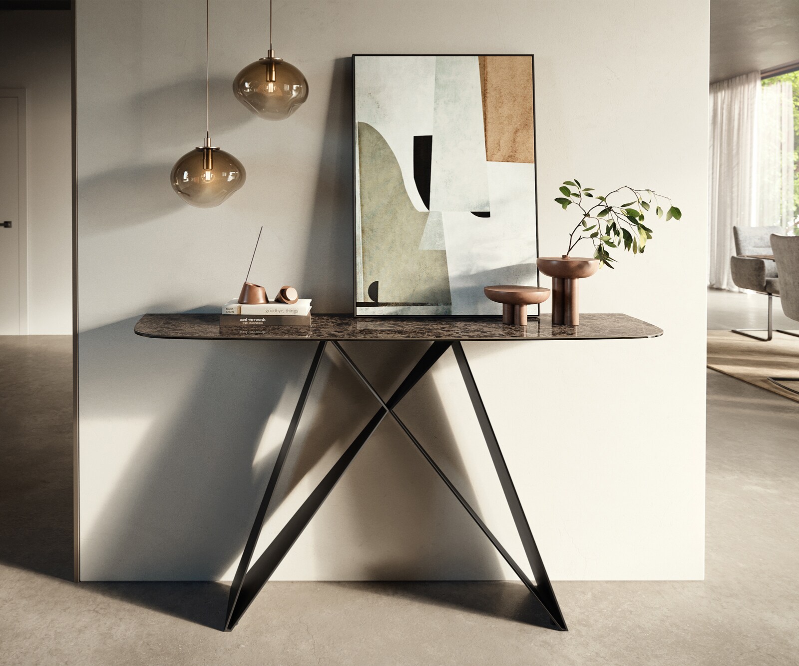 Console Edge forme bateau 140x40 cm Céramique Emperador Extra Lucidato Dunkelbraun Velio Métal Noir 1