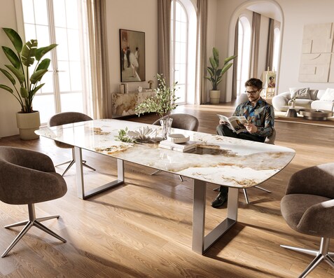 Esstisch Edge Boot 260x120 cm Keramik Minas Melange Weiß-Beige Edelstahl Schmal