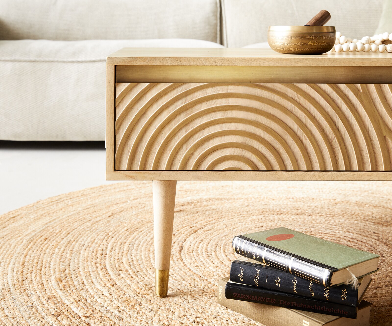 Couchtisch Budaya 115x60 cm Mango Natur 2 Schubfächer Fuß rund 5