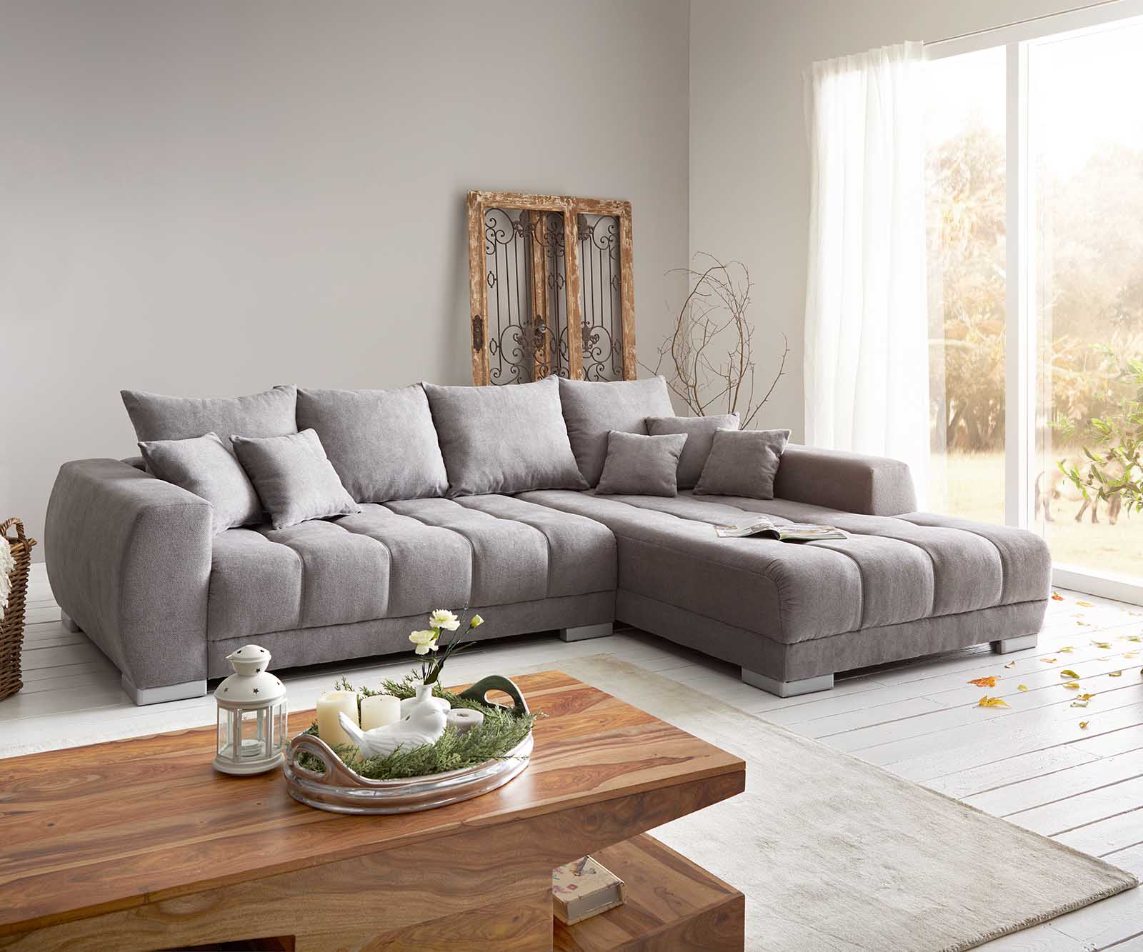 Canapé-panoramique Josea 300x220 cm microfibre gris pierre Recamière à droite