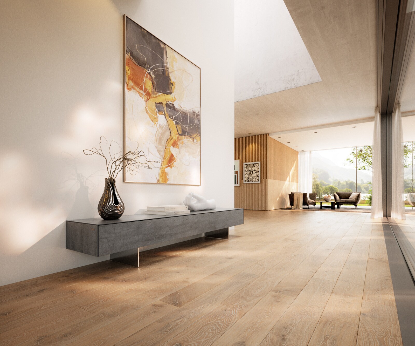 Meuble-TV Cuor 200 cm Céramique Béton gris 1 Clapet 1 Tiroir Pied optique flottant Ancier inoxydable 1
