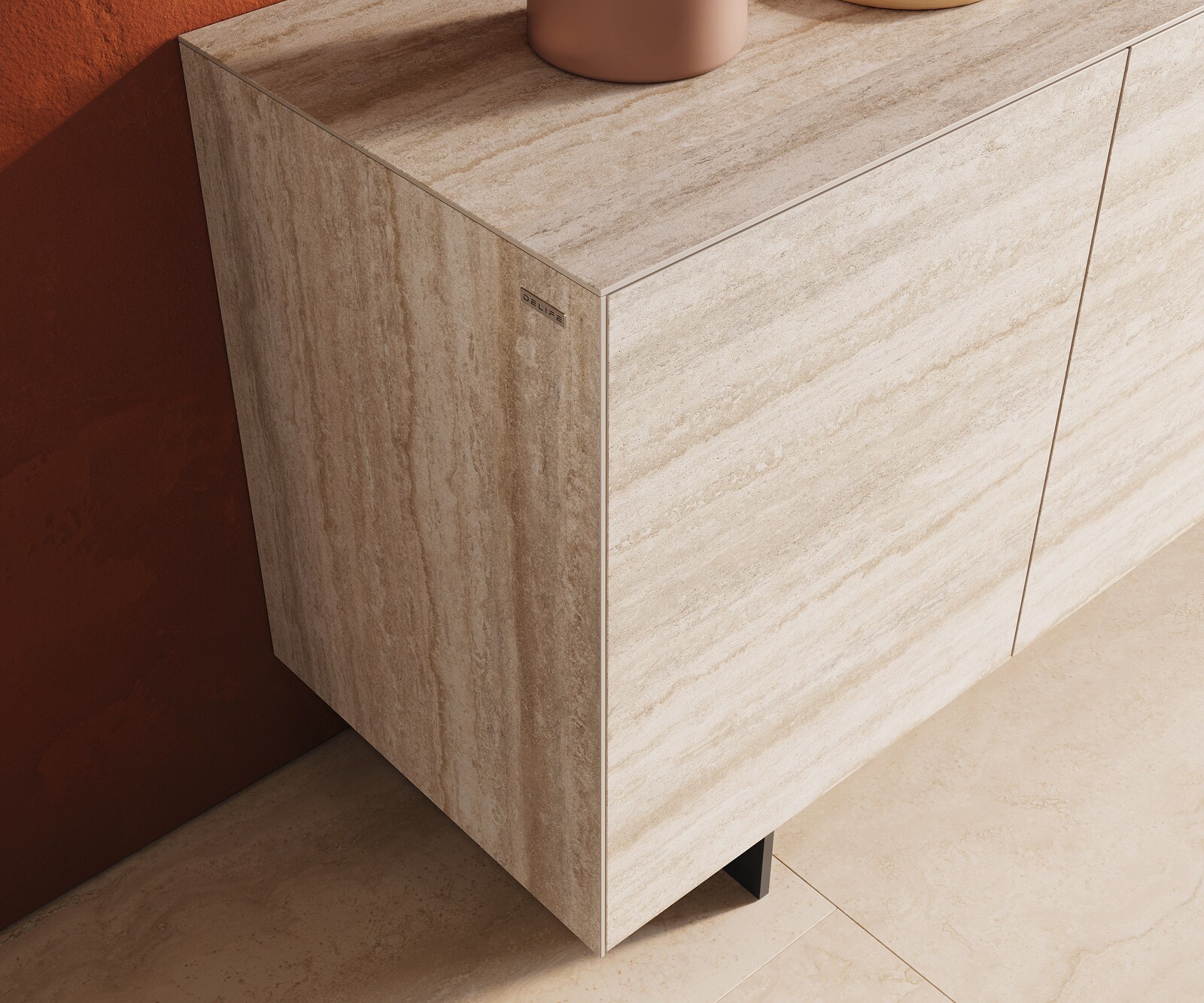 Sideboard Cuor 150 cm Keramik Laminam® Travertino Bianco Creme-Weiß 3 Türen Fuß Schwebeoptik Metall Schwarz 6