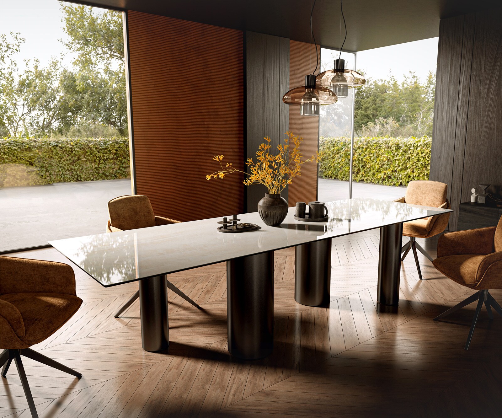 Esstisch Edge 300x100 cm Keramik Onyx Champagne Pilier Edelstahl Graphit 1