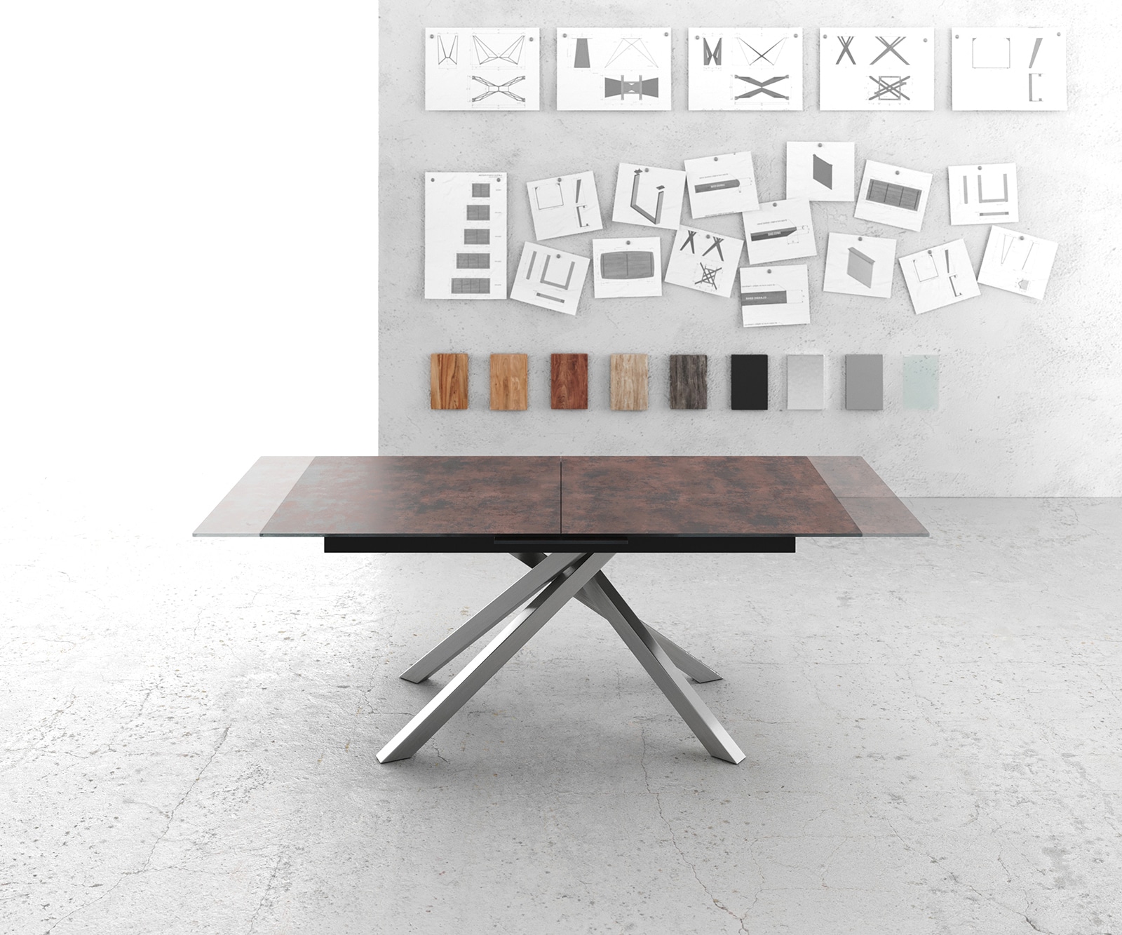 Table-à-manger Edge 180-220x90cm verre Antique-marron pieds milieu croisé argent 6