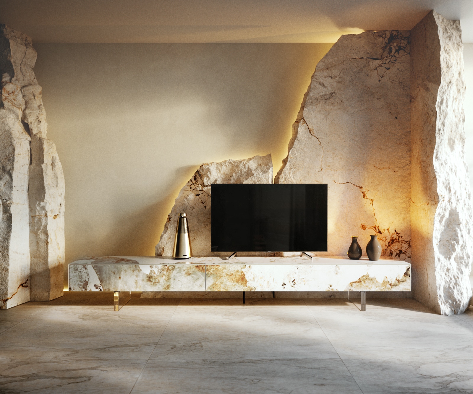 TV-Board Cuor Keramik Minas Melange Weiß-Beige 250 cm 1 Klappe 1 Schubfach Fuß Schwebeoptik Acrylglas Lowboard