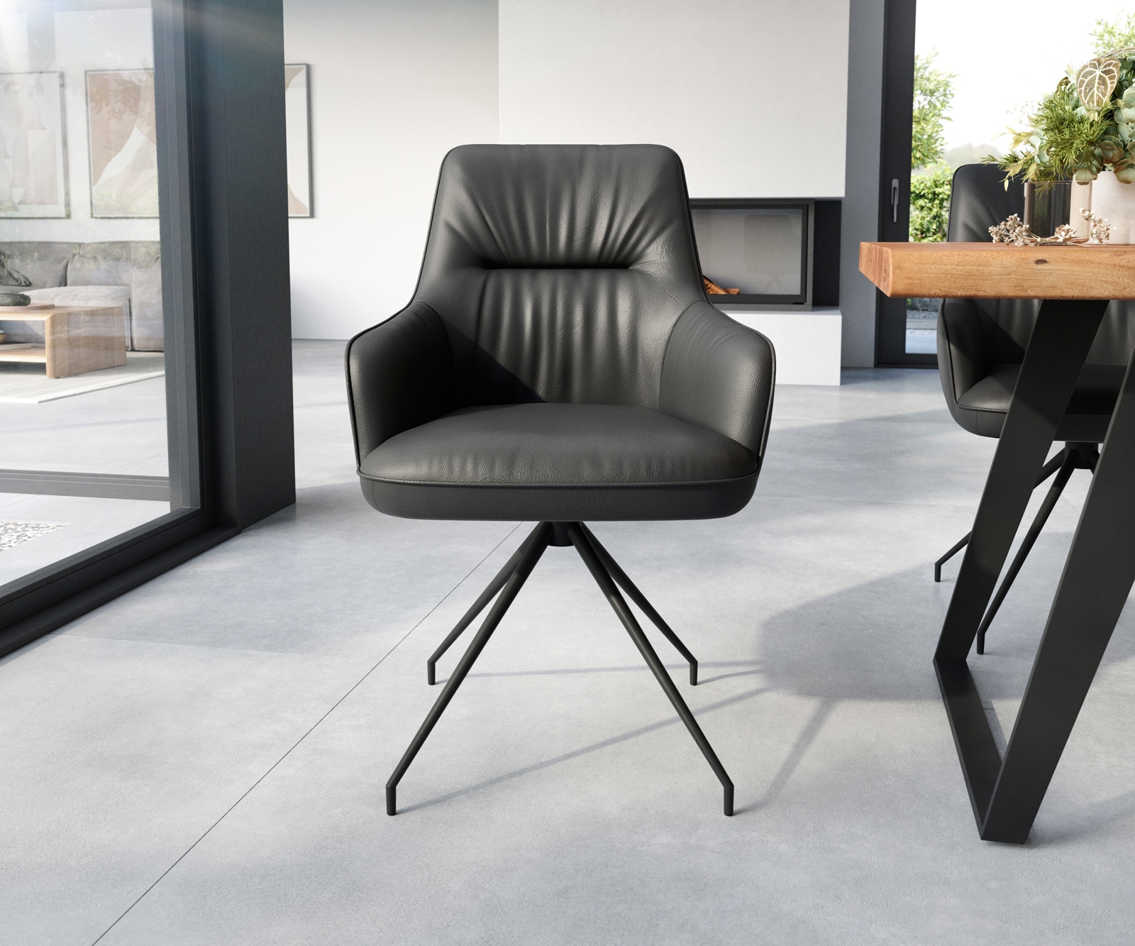 Esszimmerstuhl Zelia-Flex mit Armlehnen Echt-Leder Schwarz Kreuzgestell konisch Schwarz Taschenfederkern 2