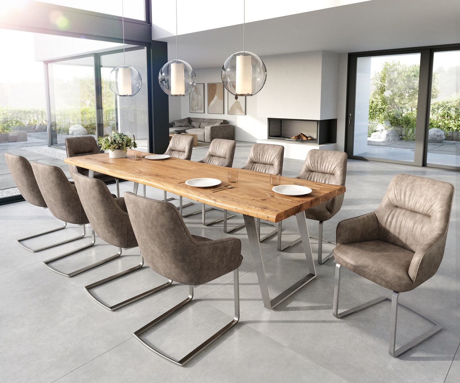 Cantilever Zelia-Flex avec accoudoirs microvelours taupe vintage pied cantilever plat acier inoxydable brossé ressorts ensachés 3
