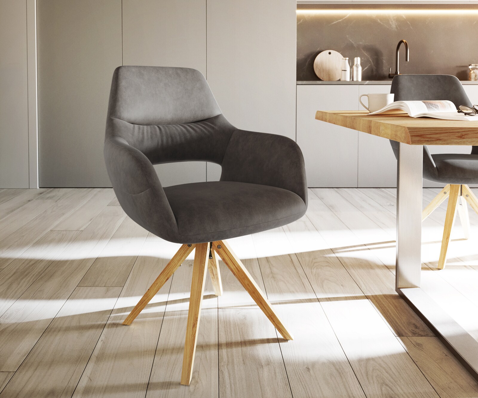 Drehstuhl Yago-Flex mit Armlehnen Anthrazit Vintage Holzgestell kantig 180° drehbar