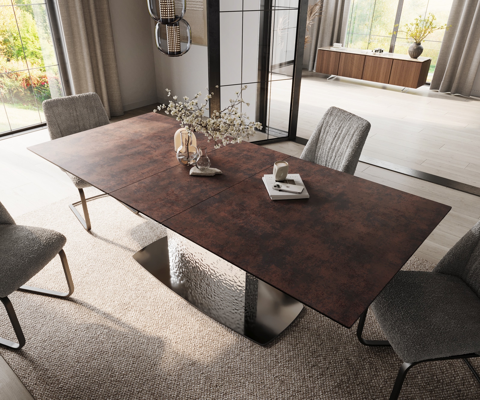 Esstisch Edge 180-220x90 Glas Antique-braun Wave Edelstahl ausziehbar 3 Esstisch Edge 180-220x90 Glas Antique-braun Wave Edelstahl ausziehbar 3