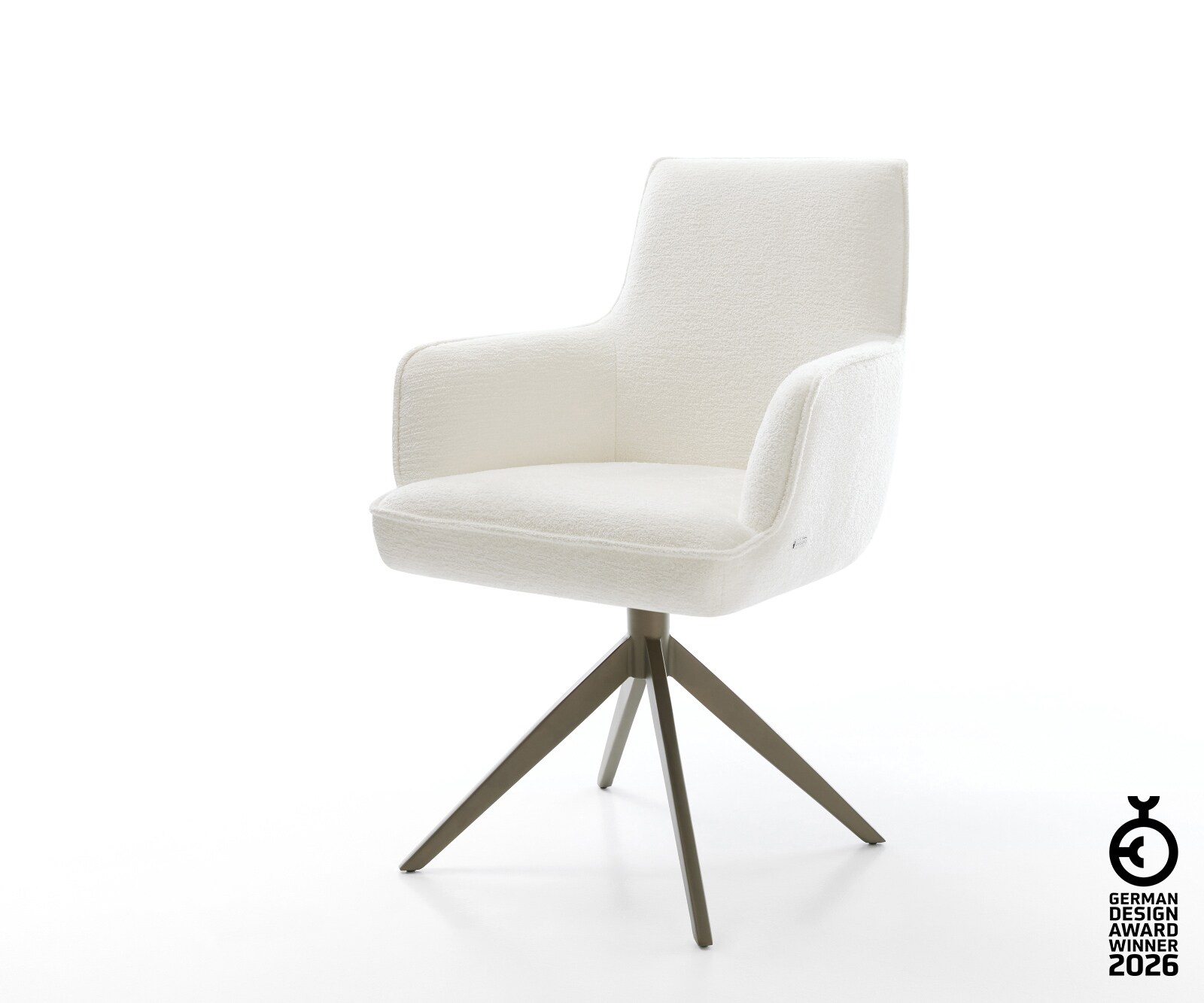 Chaise-pivotante Heira-Flex avec accoudoirs bouclé doux beige pied croisé large aspect titane pivotement sur 360° fonction bascule resorts ensachés 1