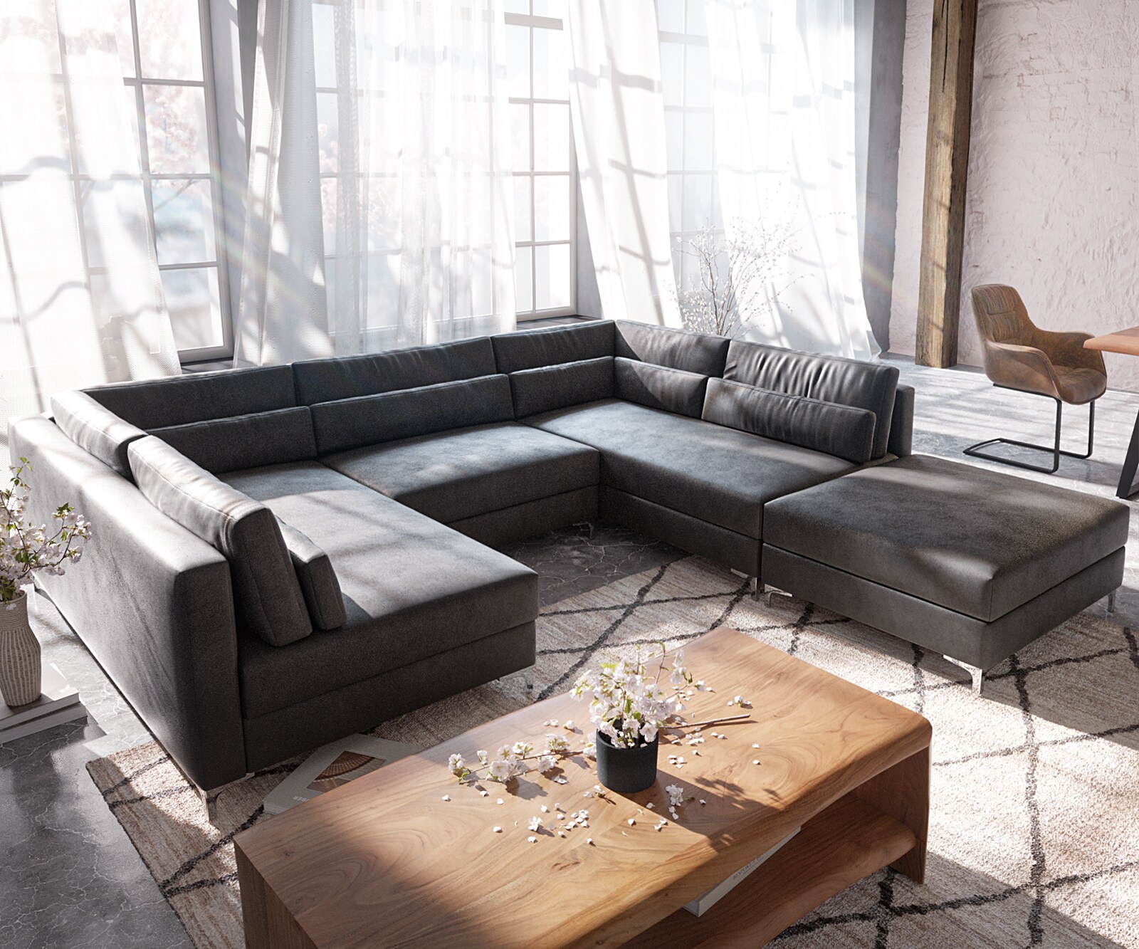 Canapé-panoramique Elio 300x185 cm similicuir vintage anthracite avec pouf 1
