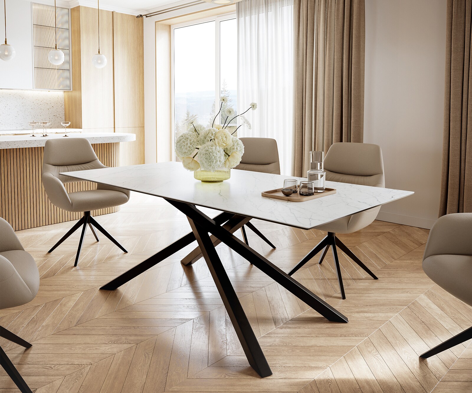 Esstisch Edge 200x100cm Keramik Laminam®Statuarietto Weiß Mittelfuß Kreuz Schwarz 1