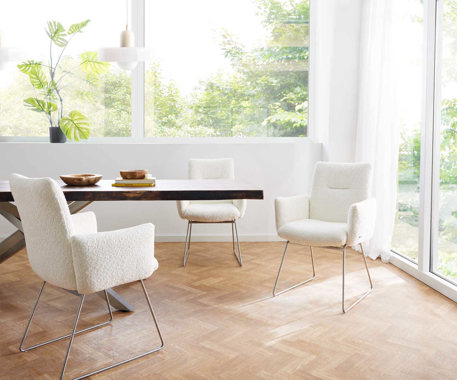 Chaise-de-salle-à-manger Jova-Flex avec accoudoirs bouclé blanc pied trapèze acier inoxydable brossé ressorts ensachés 5