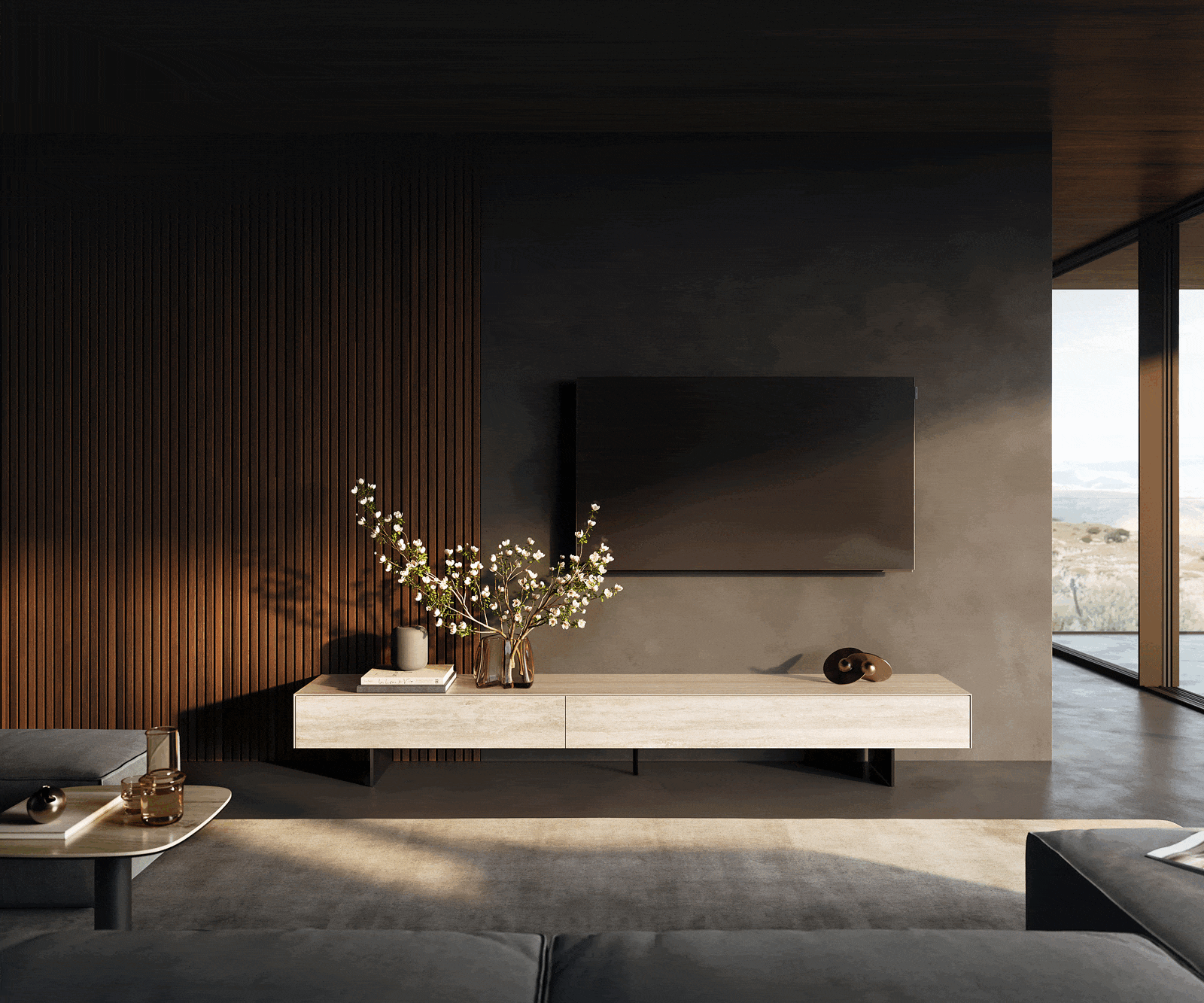 Meuble-TV Cuor 250 cm Céramique Laminam® Travertino Bianco Crème-blanc 1 Clapet 1 Tiroir Pied optique flottant Métal Noir 2