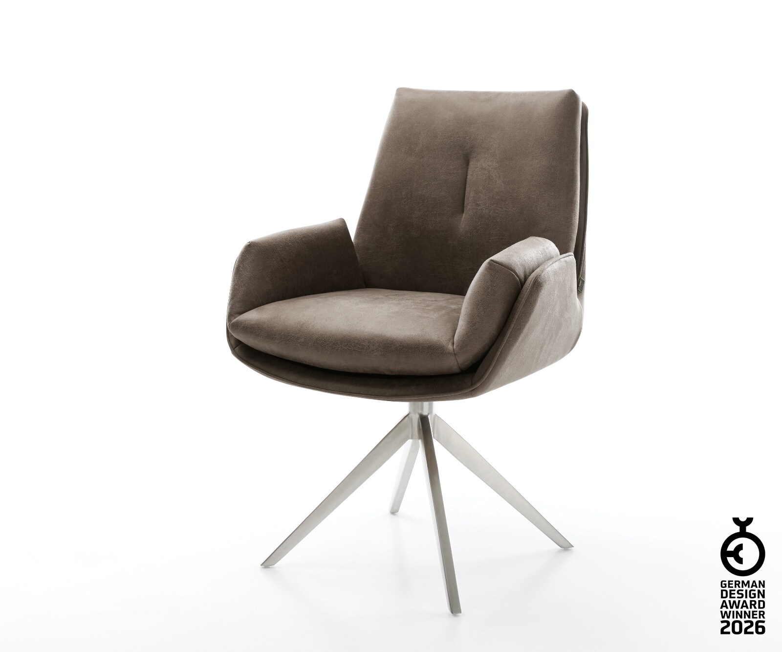 Drehstuhl Clea-Flex Mikrofaser Taupe Vintage Kreuzgestell breit Edelstahl 360° drehbar Wippfunktion