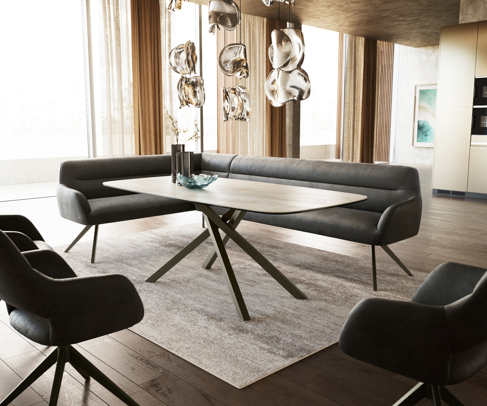 Esszimmerbank Taya-Flex 285x190 cm Mikrofaser Anthrazit Vintage Kreuzgestell kantig Effektfinish Titan Taschenfederkern Rechts