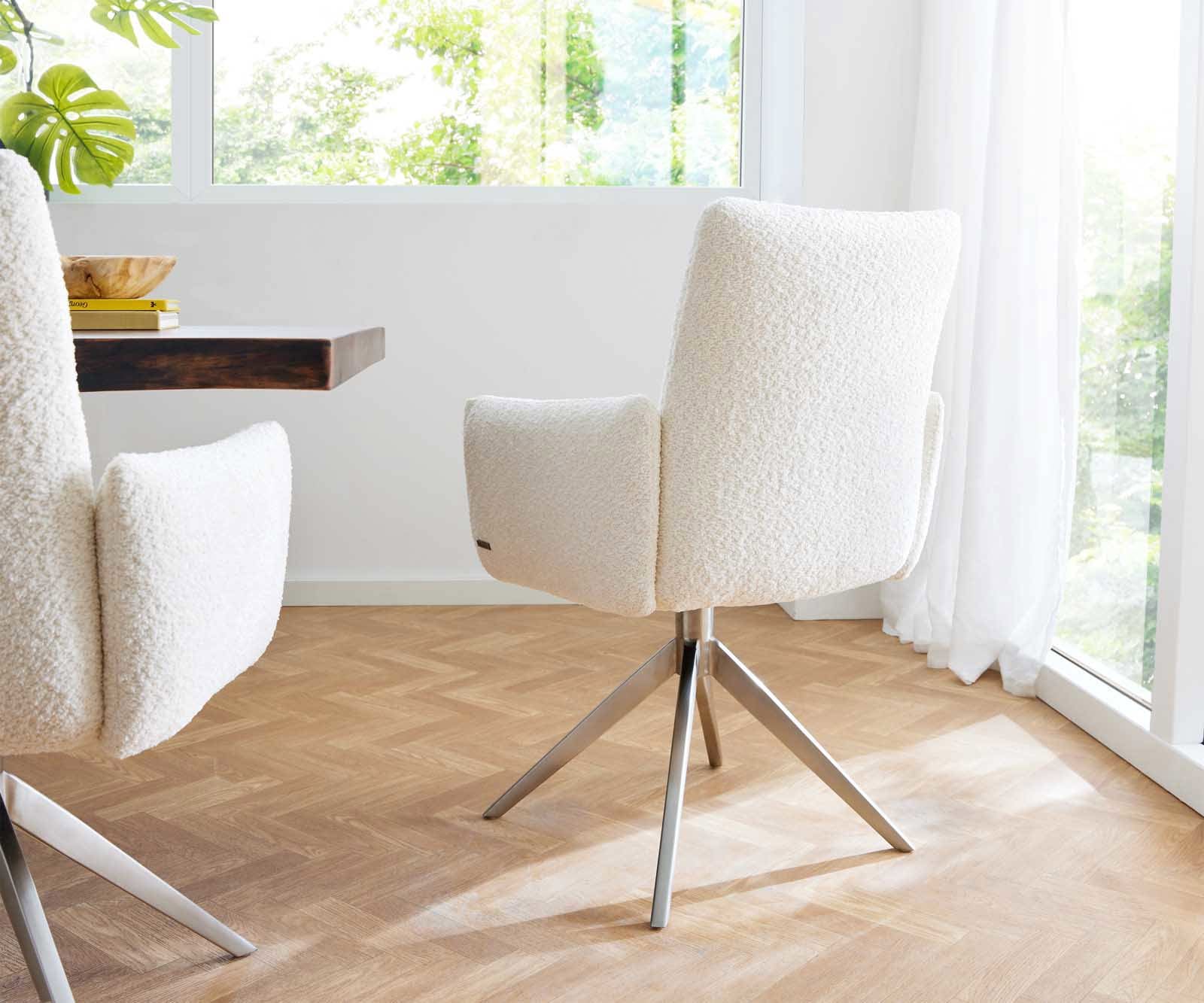 Chaise-pivotante Jova-Flex avec accoudoirs bouclé blanc pied croisé large acier inoxydable brossé pivotement sur 360° ressorts ensachés 5 Chaise-pivotante Jova-Flex avec accoudoirs bouclé blanc pied croisé large acier inoxydable brossé pivotement sur 360° ressorts ensachés 5