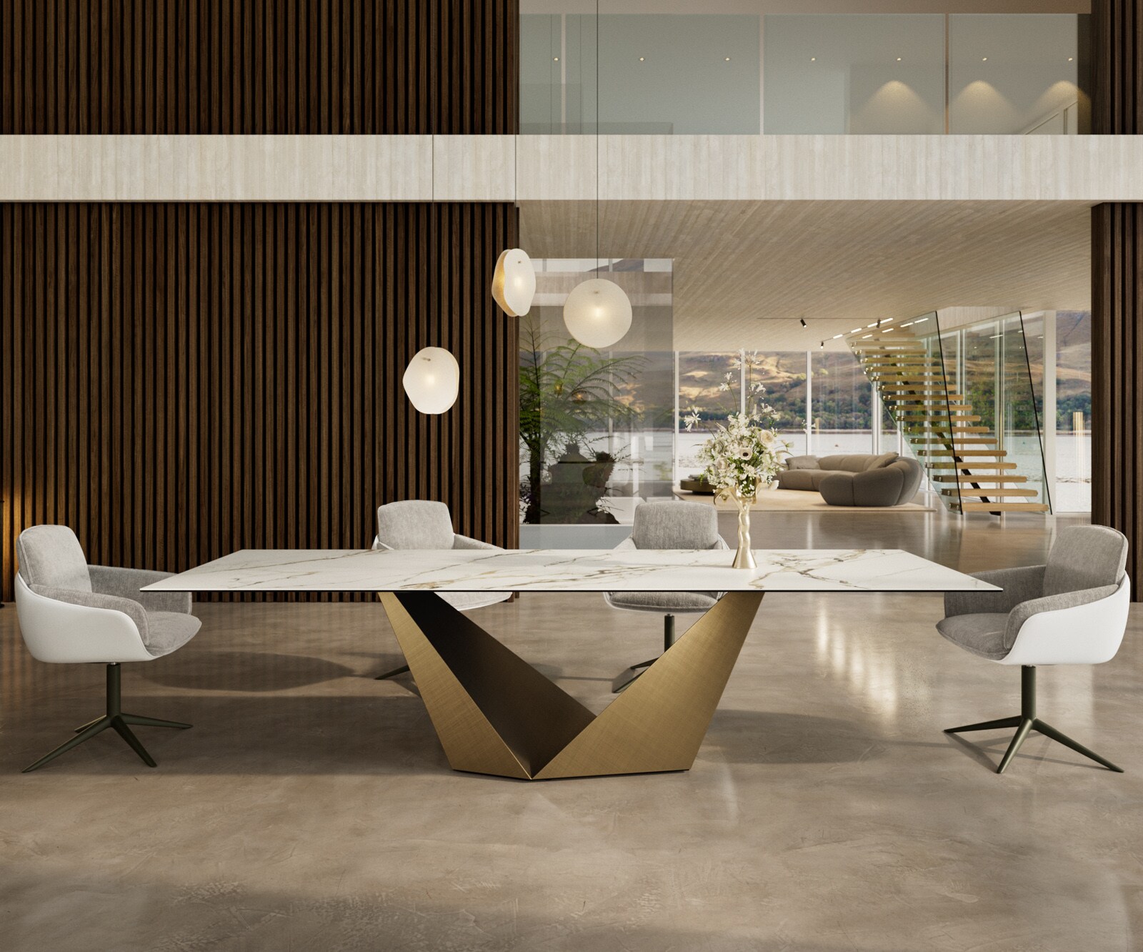 Esstisch Edge 300x100 Keramik Calacatta Luxe Weiß-Gold-Grau Prisma Metallic Gold
