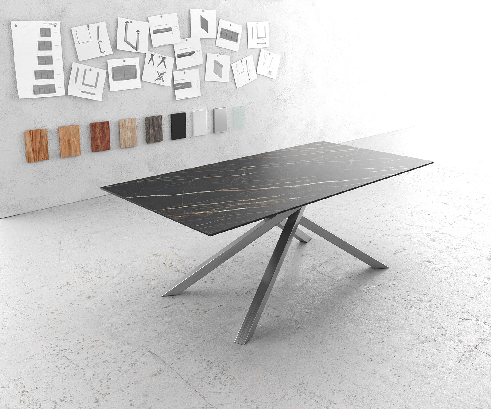 Table-à-manger Edge 200x100cm Laminam® céramique marron pieds milieu croisé argent 1