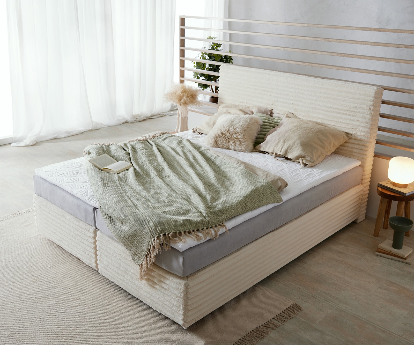 Boxspringbett Dream-Well Plüsch-Cord Beige 160x200 cm TFK-Matratze Visco-Topper 3 Boxspringbett Dream-Well Plüsch-Cord Beige 160x200 cm TFK-Matratze Visco-Topper 3