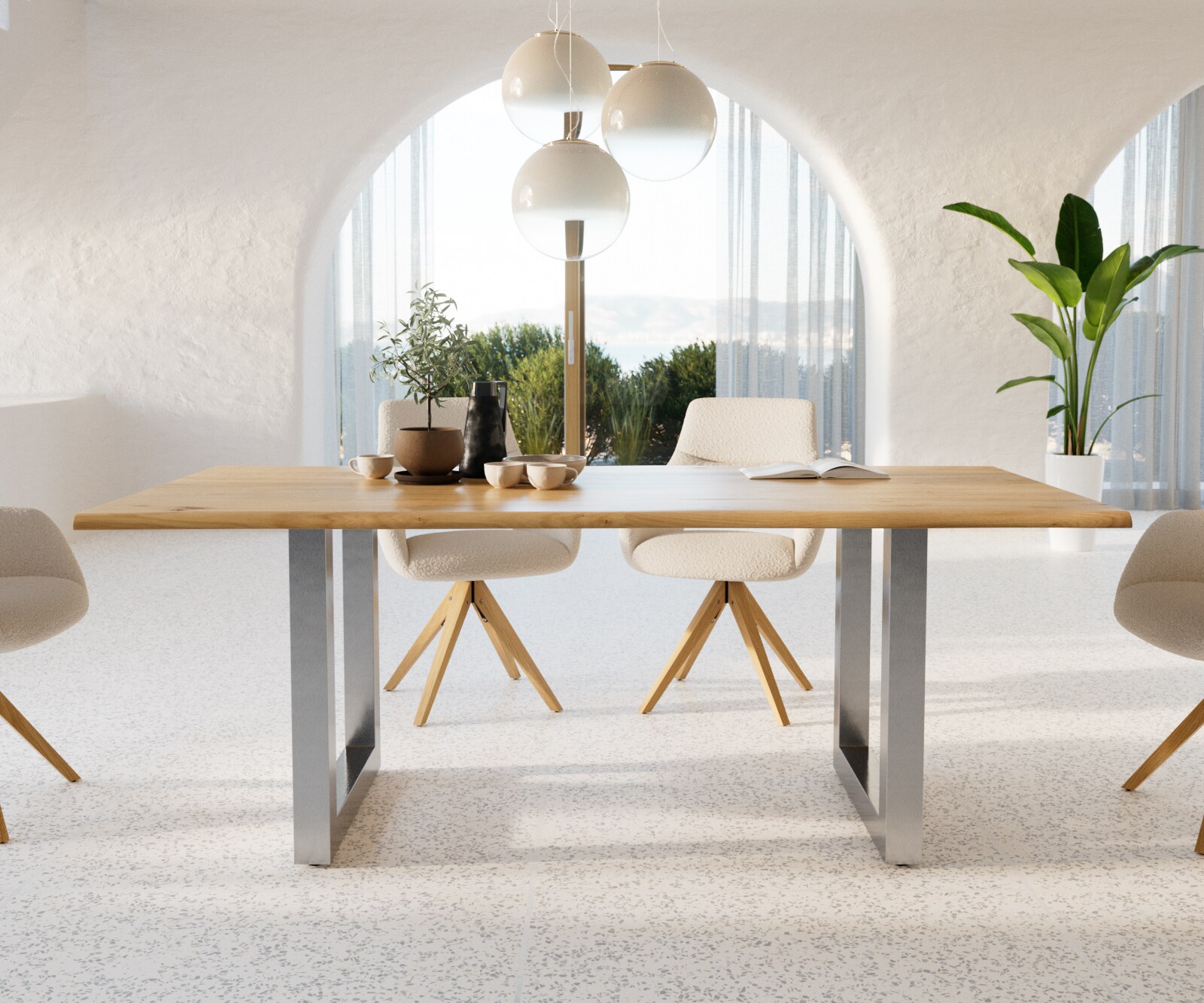 Esstisch Edge 200x100x2,5-3 Eiche Natur Edelstahl breit Live-Edge 1
