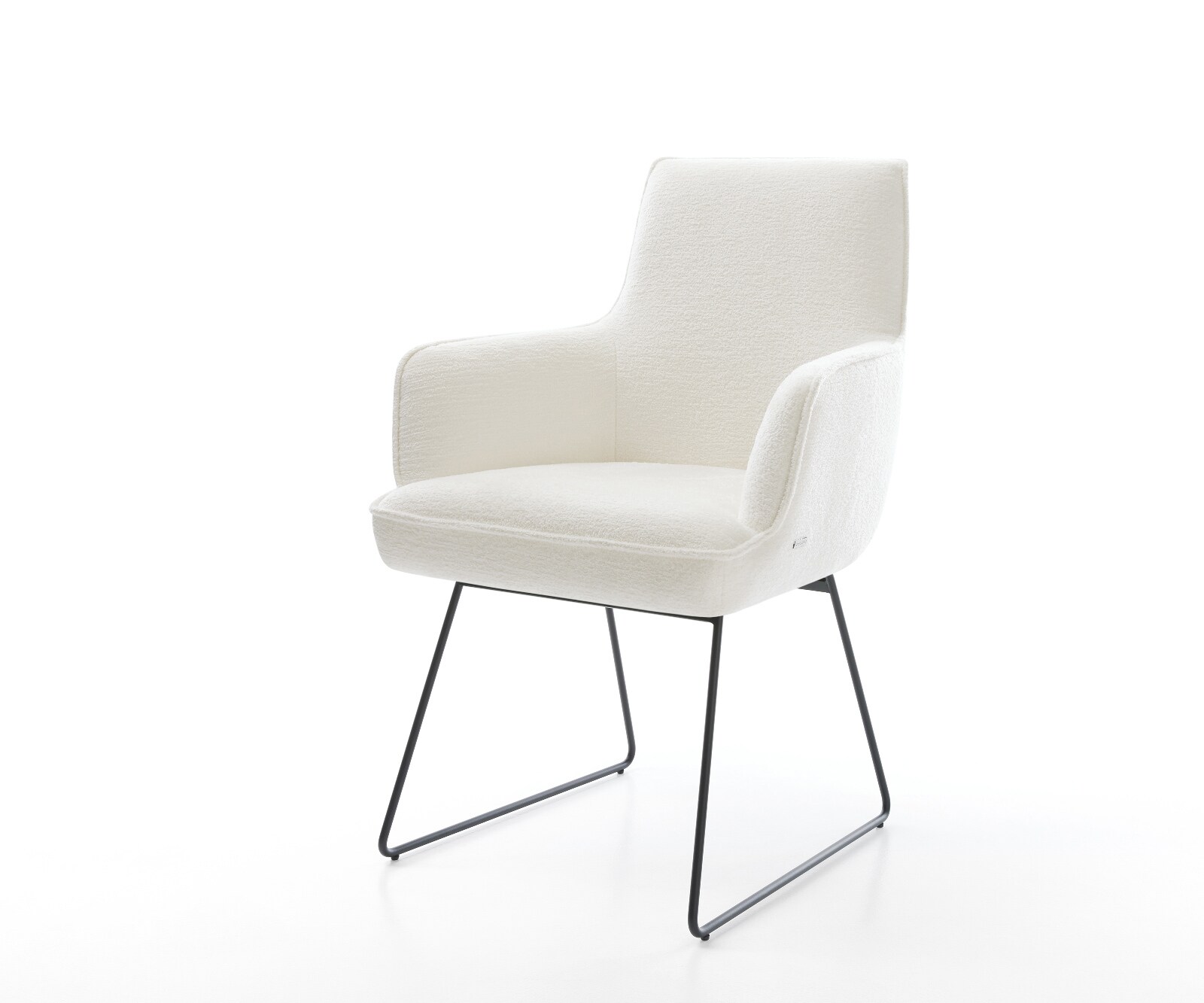 Esszimmerstuhl Heira-Flex mit Armlehnen Bouclé Soft Beige Kufengestell Schwarz Taschenfederkern