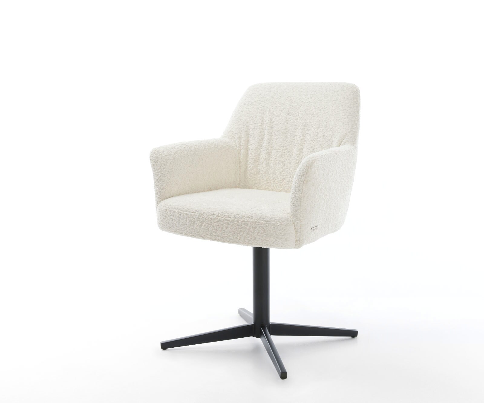 Chaise-pivotante Xana-Flex avec accoudoirs bouclé blanc pied de chaise 4 branches noir ressorts ensachés pivote sur 360°