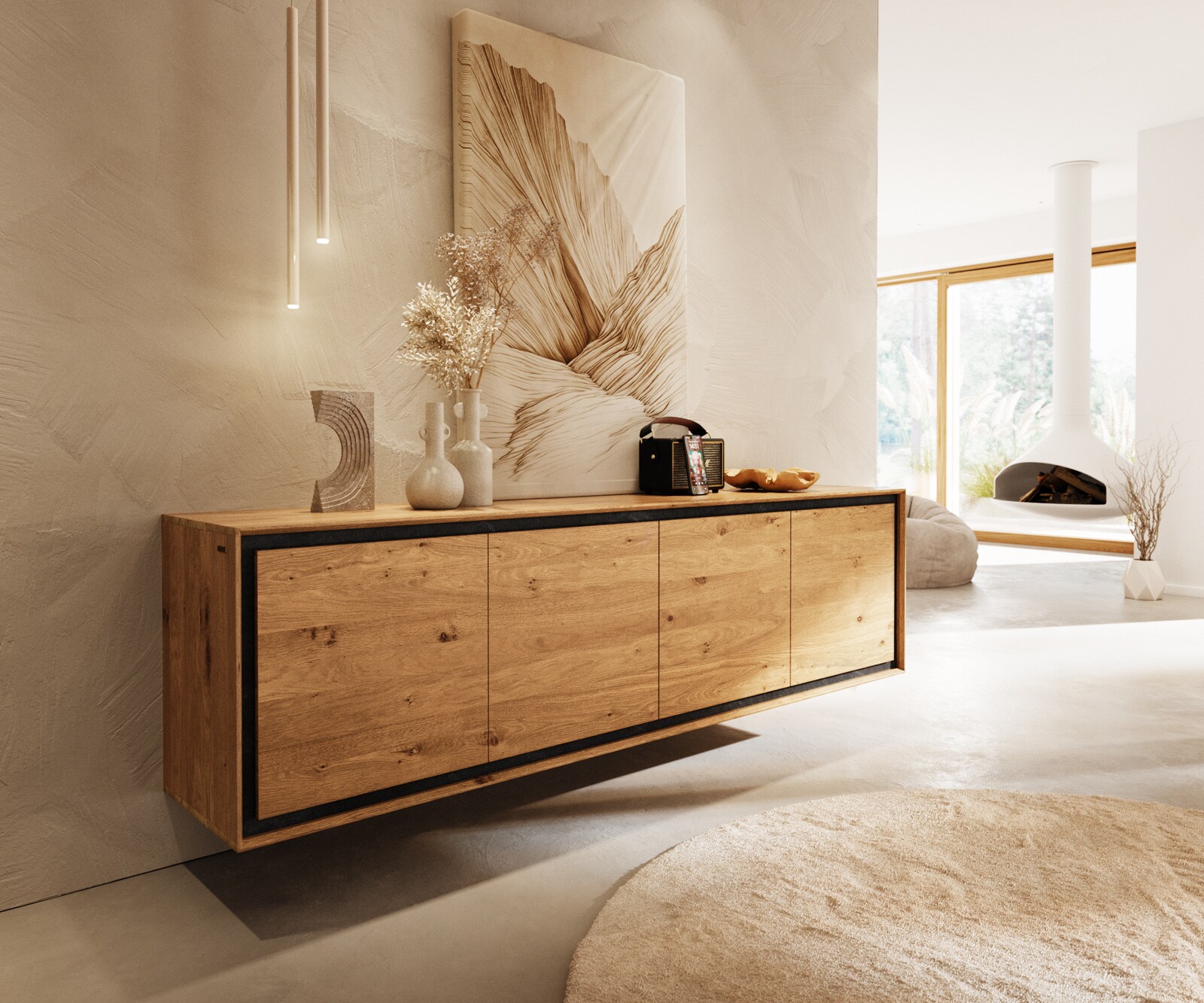 Buffet Stonegrace 200 cm Chêne Naturel 4 portes Placage pierre Flottant